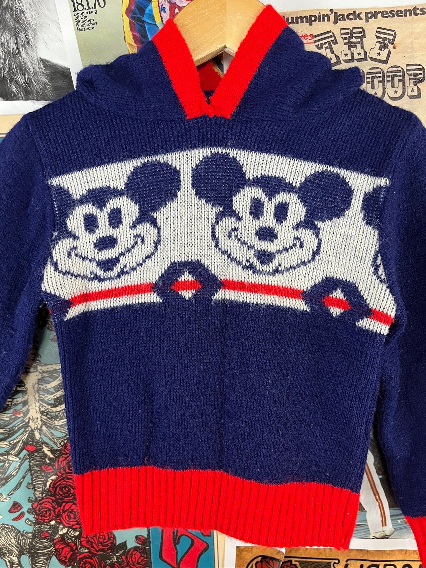 Vintage Kids 60s-70s Disney Mickey Mouse Hooded Knit Sweater 18-24M