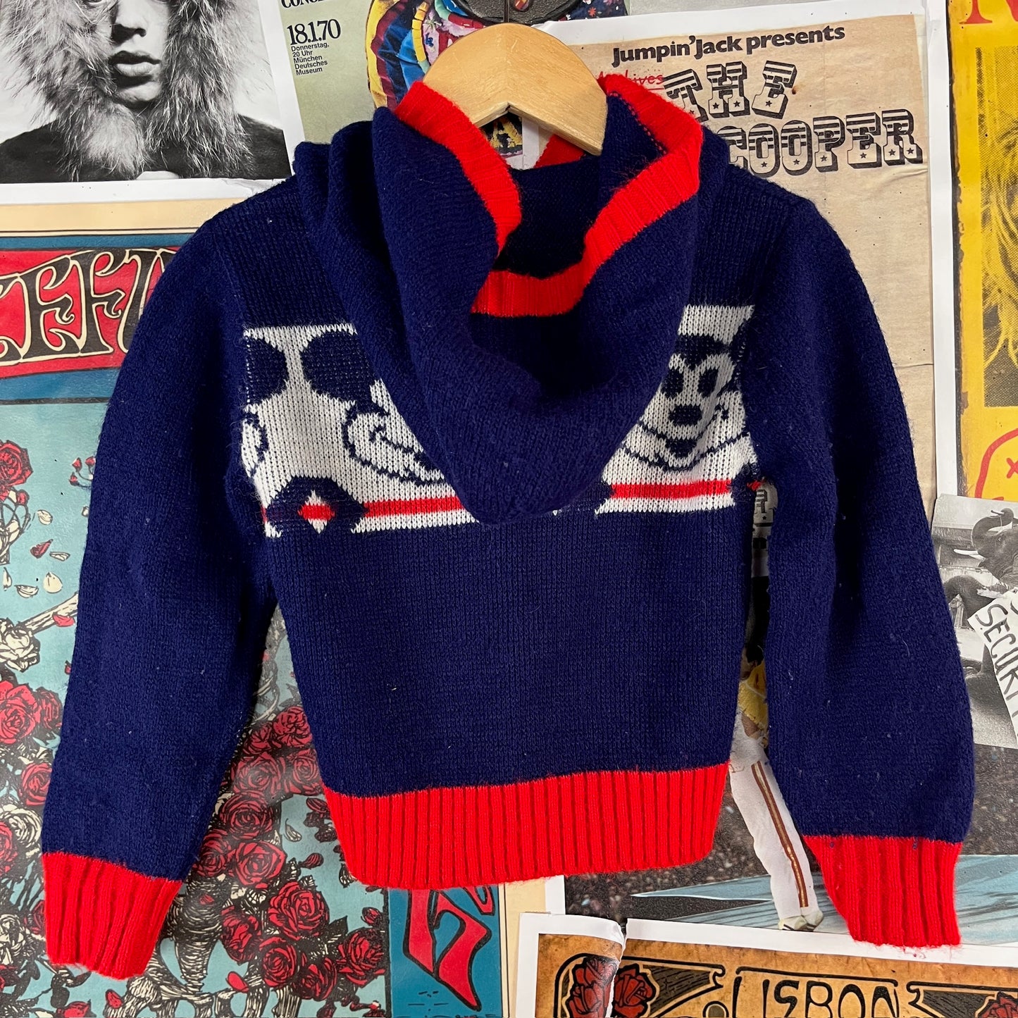 Vintage Kids 60s-70s Disney Mickey Mouse Hooded Knit Sweater 18-24M