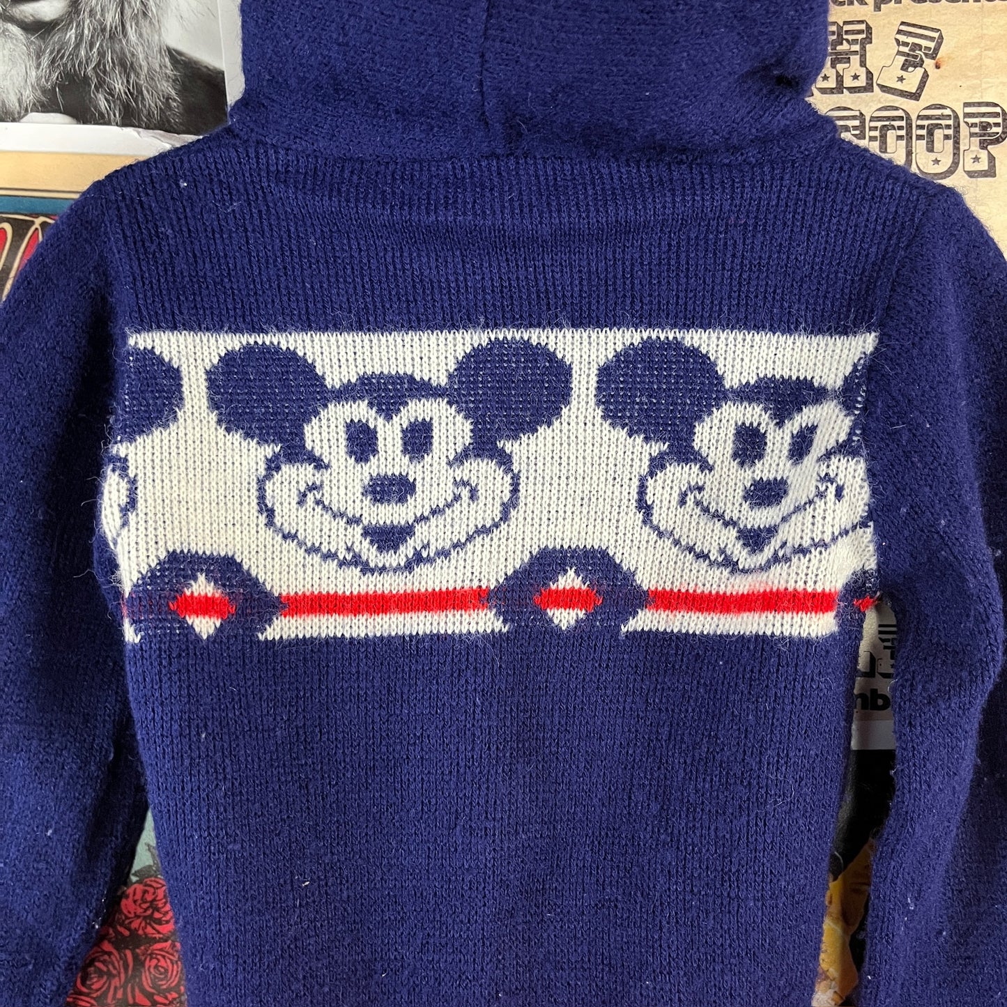 Vintage Kids 60s-70s Disney Mickey Mouse Hooded Knit Sweater 18-24M