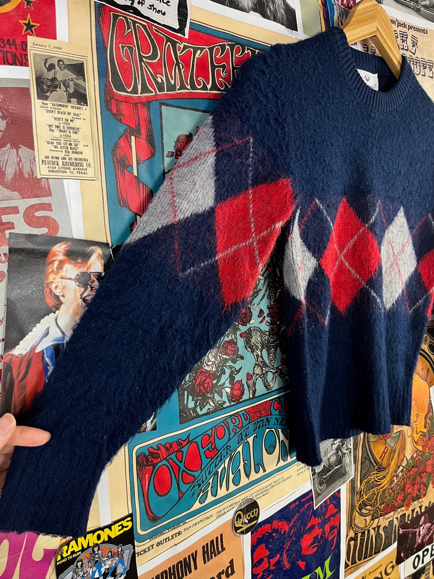 Vintage Kids 70s Navy Argyle Print Donegal Jumper Sweater Ages 8-9