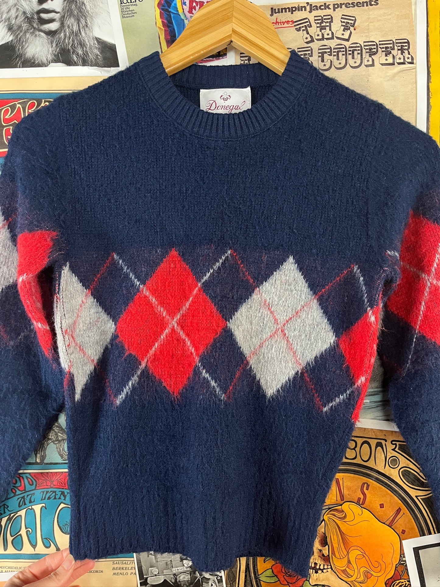 Vintage Kids 70s Navy Argyle Print Donegal Jumper Sweater Ages 8-9