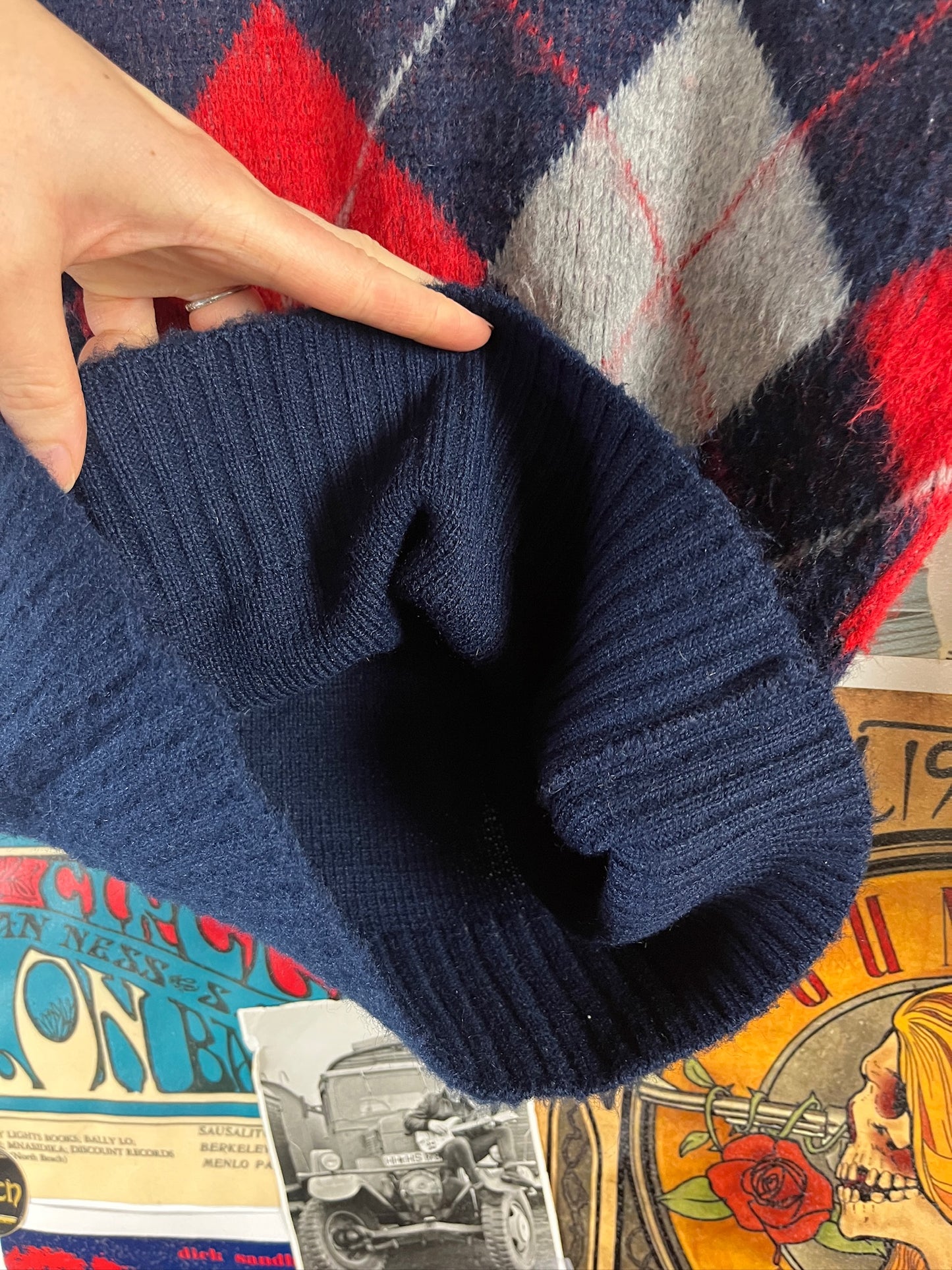 Vintage Kids 70s Navy Argyle Print Donegal Jumper Sweater Ages 8-9