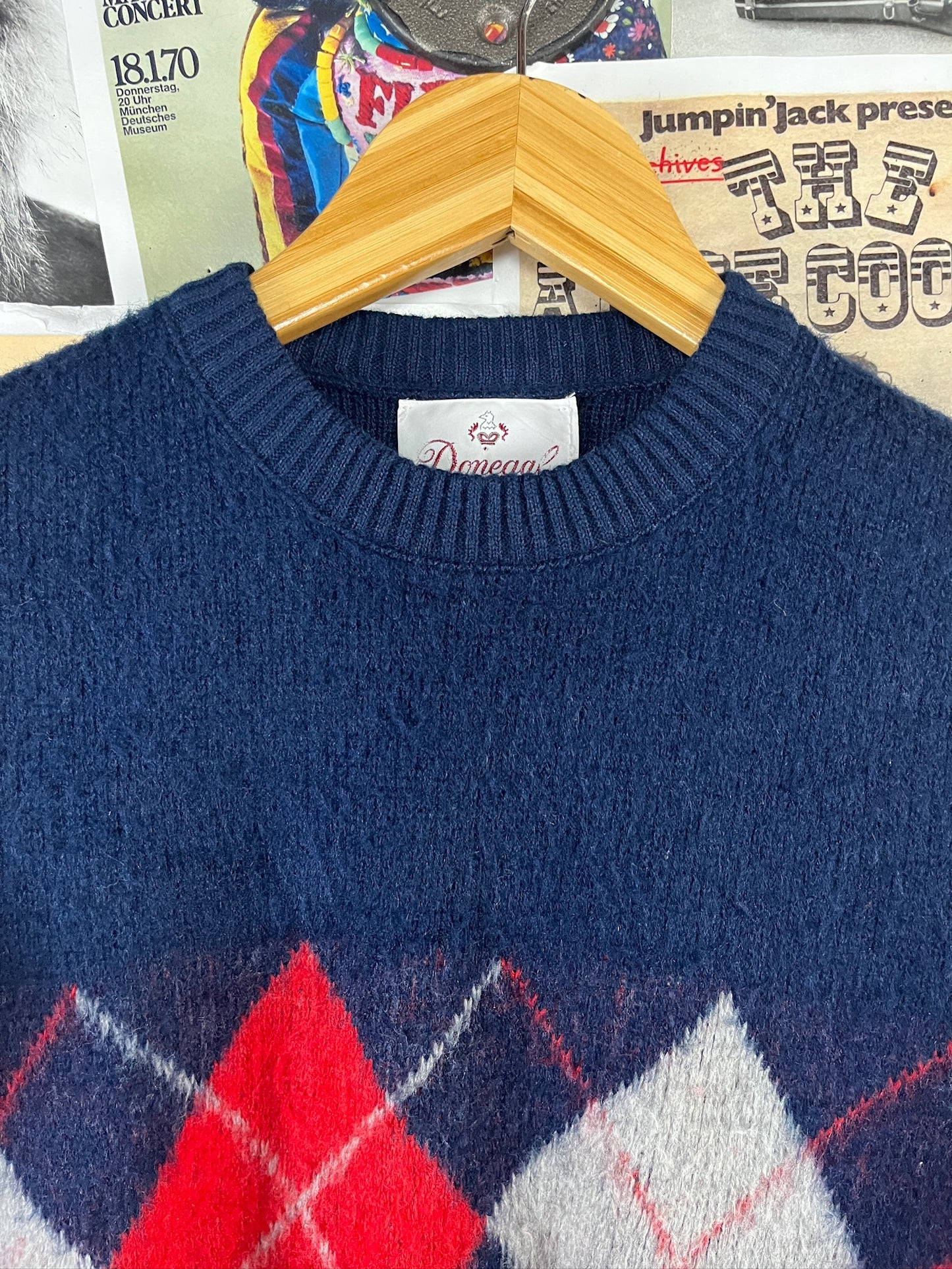 Vintage Kids 70s Navy Argyle Print Donegal Jumper Sweater Ages 8-9