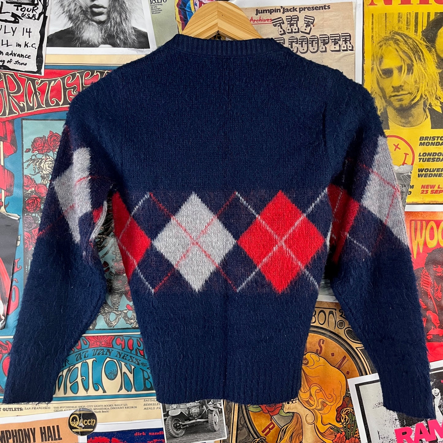 Vintage Kids 70s Navy Argyle Print Donegal Jumper Sweater Ages 8-9