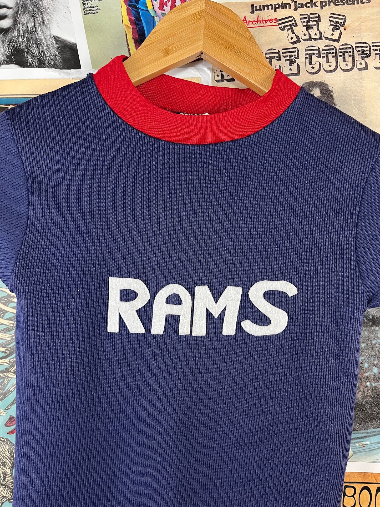 Vintage Kids 80s Navy Blue Red Rams Boys Sears Ringer T-Shirt Size 8 Ages 7-8