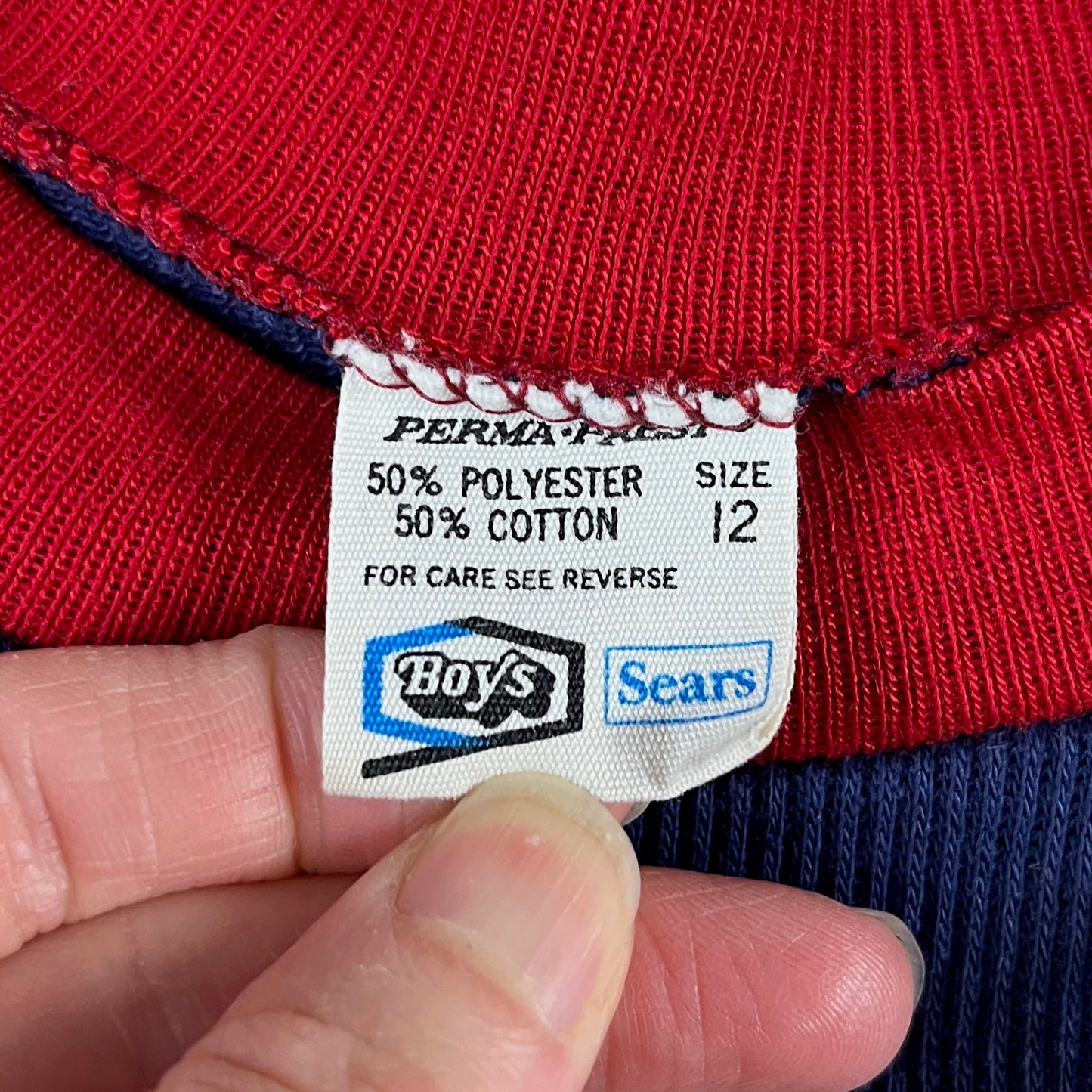 Vintage Kids 80s Navy Blue Red Rams Boys Sears Ringer T-Shirt Size 8 Ages 7-8