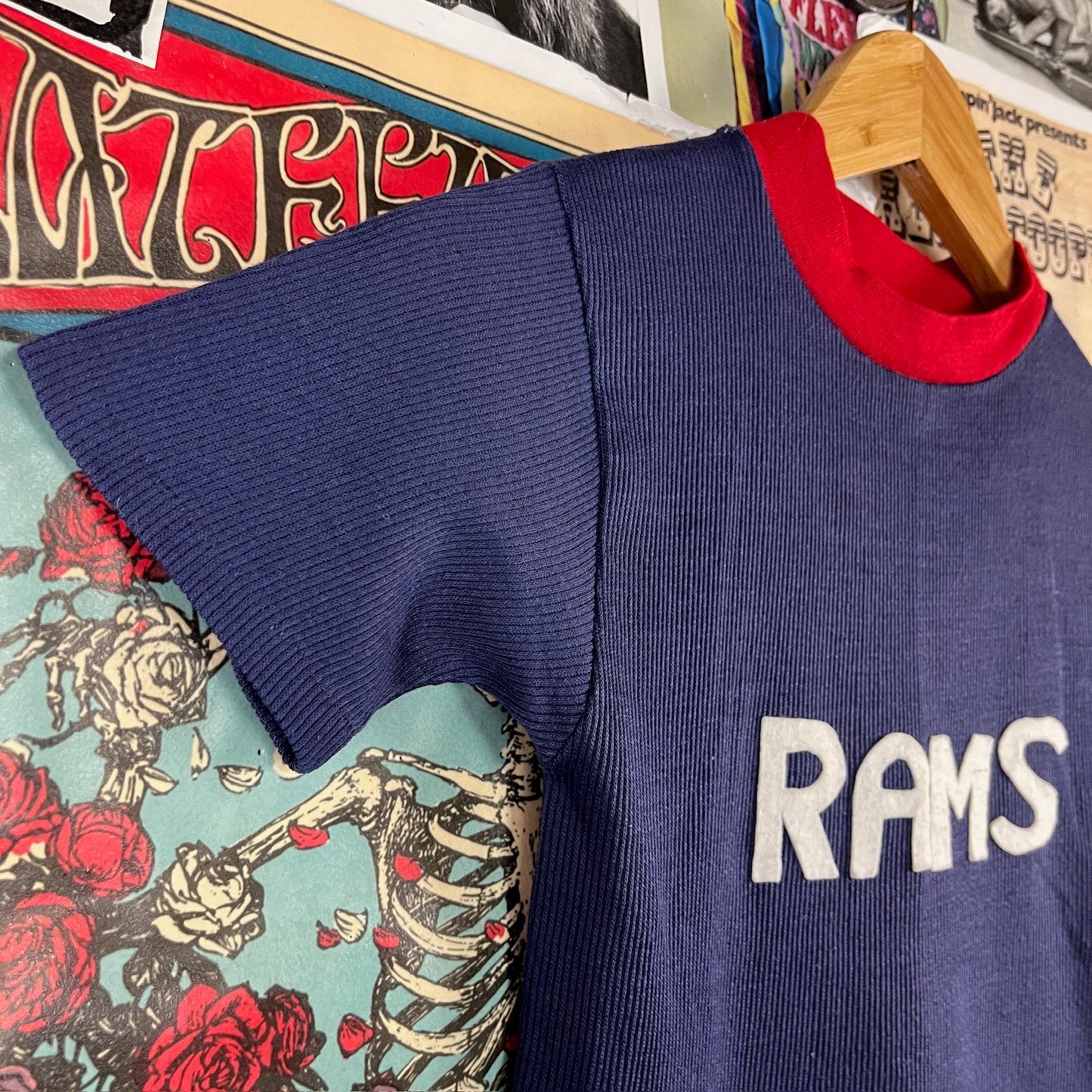 Vintage Kids 80s Navy Blue Red Rams Boys Sears Ringer T-Shirt Size 8 Ages 7-8