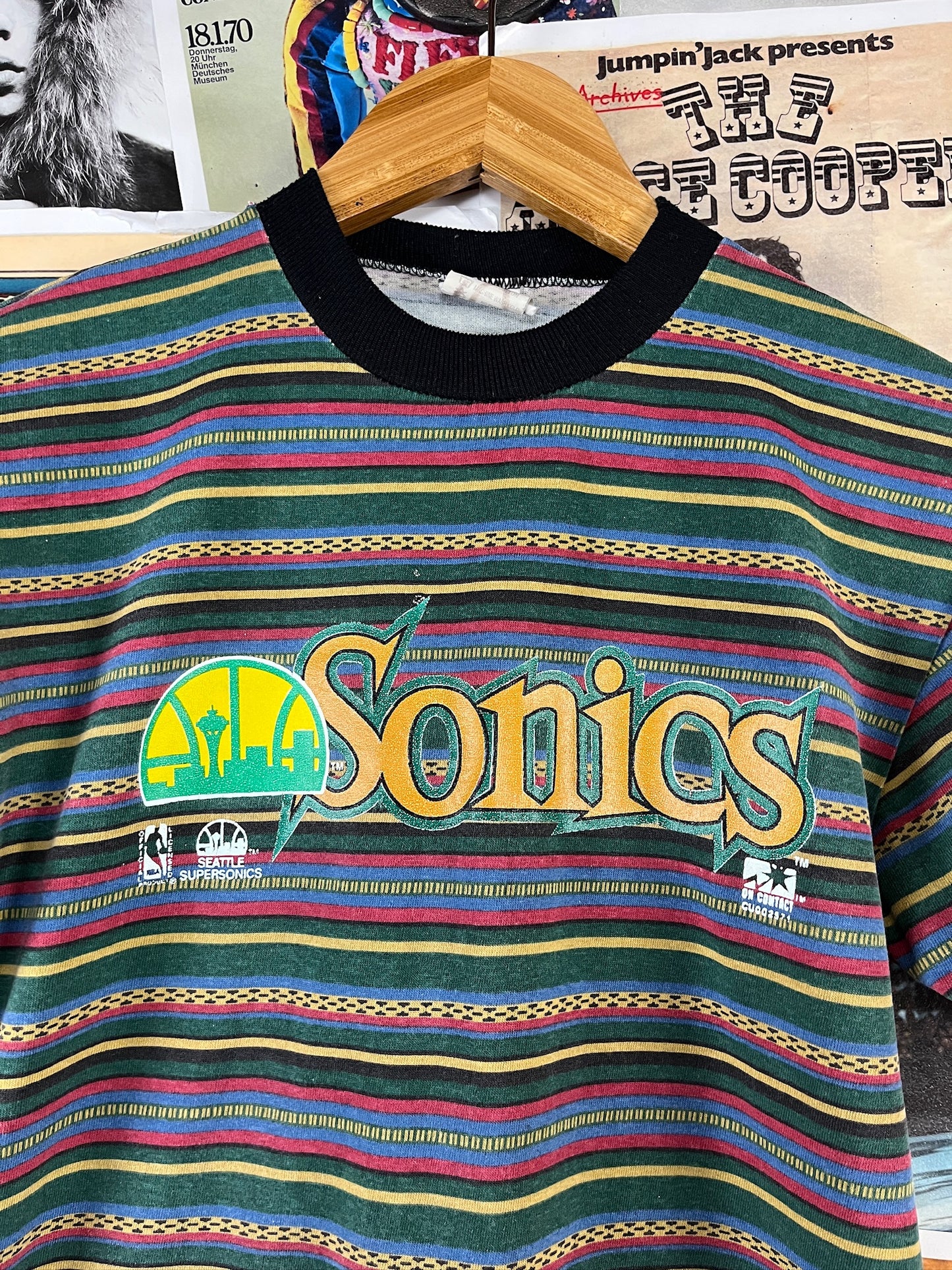 Vintage Kids 90s Seattle Sonics Basketball NBA Striped Ringer T-Shirt Size 16 Ages 11-12