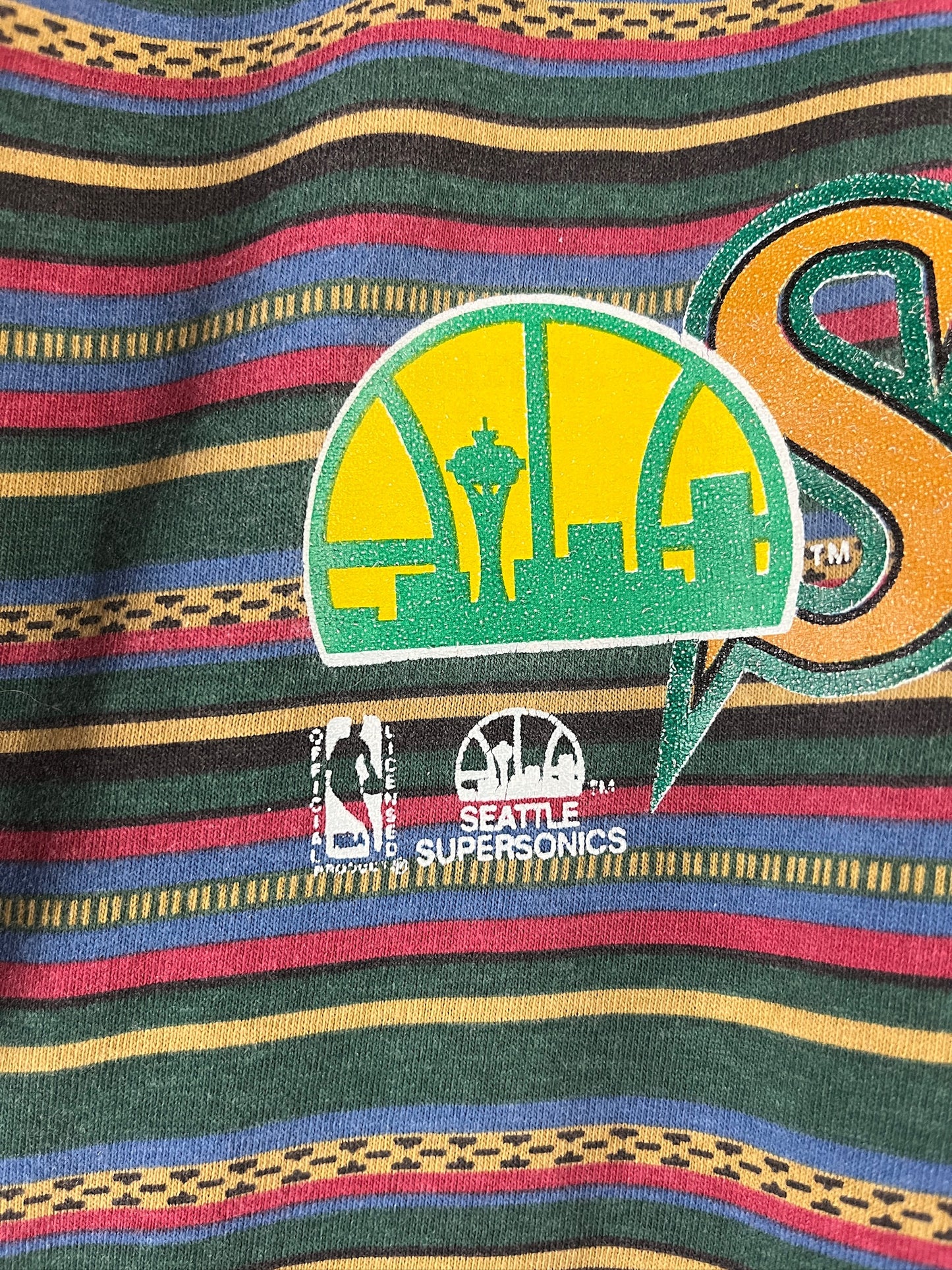 Vintage Kids 90s Seattle Sonics Basketball NBA Striped Ringer T-Shirt Size 16 Ages 11-12