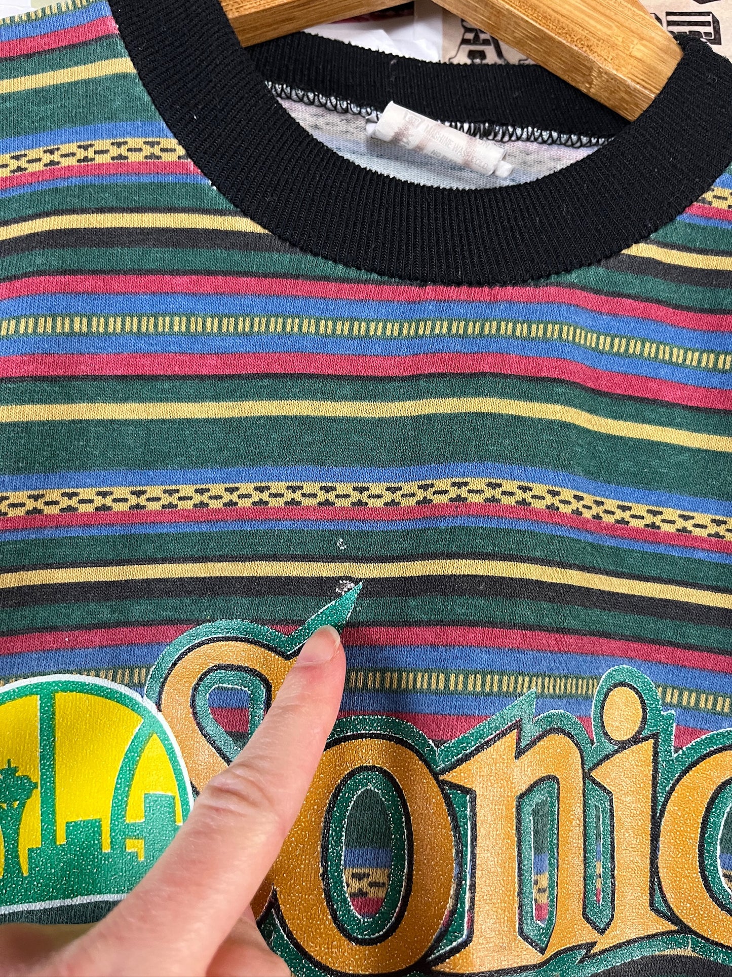 Vintage Kids 90s Seattle Sonics Basketball NBA Striped Ringer T-Shirt Size 16 Ages 11-12