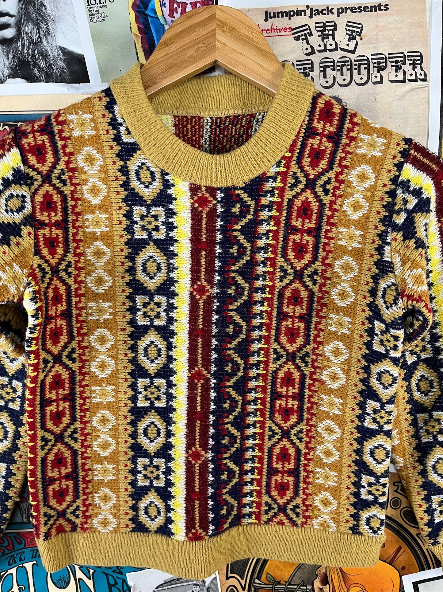 Vintage Kids 70s Mustard Yellow Wool Knit Sweater Boys Size 8 Ages 7-8