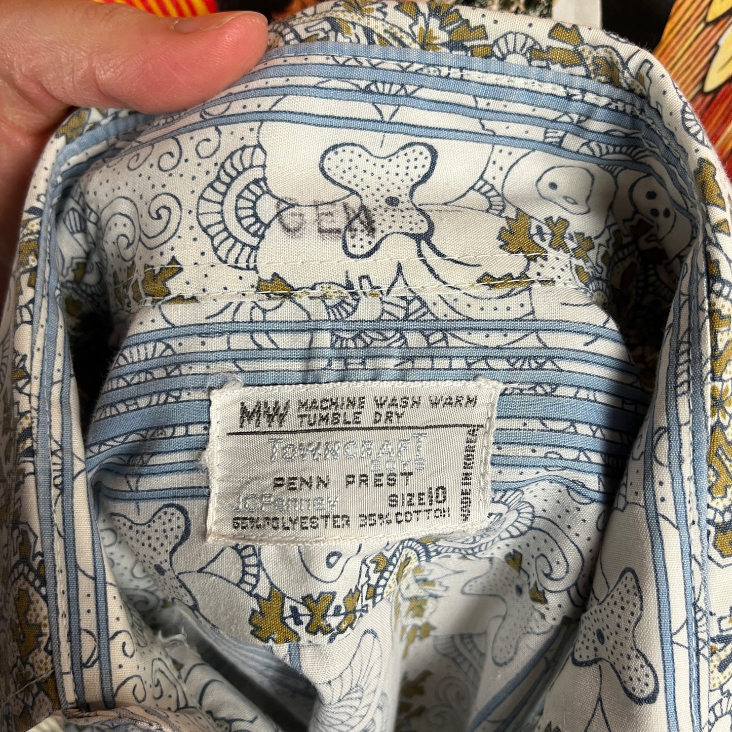 Vintage Kids Boys 1960s-70s Blue Gold White Paisley Striped Print Towncraft Penn Prest Button Up Dress Shirt Size 10 Age 8-9