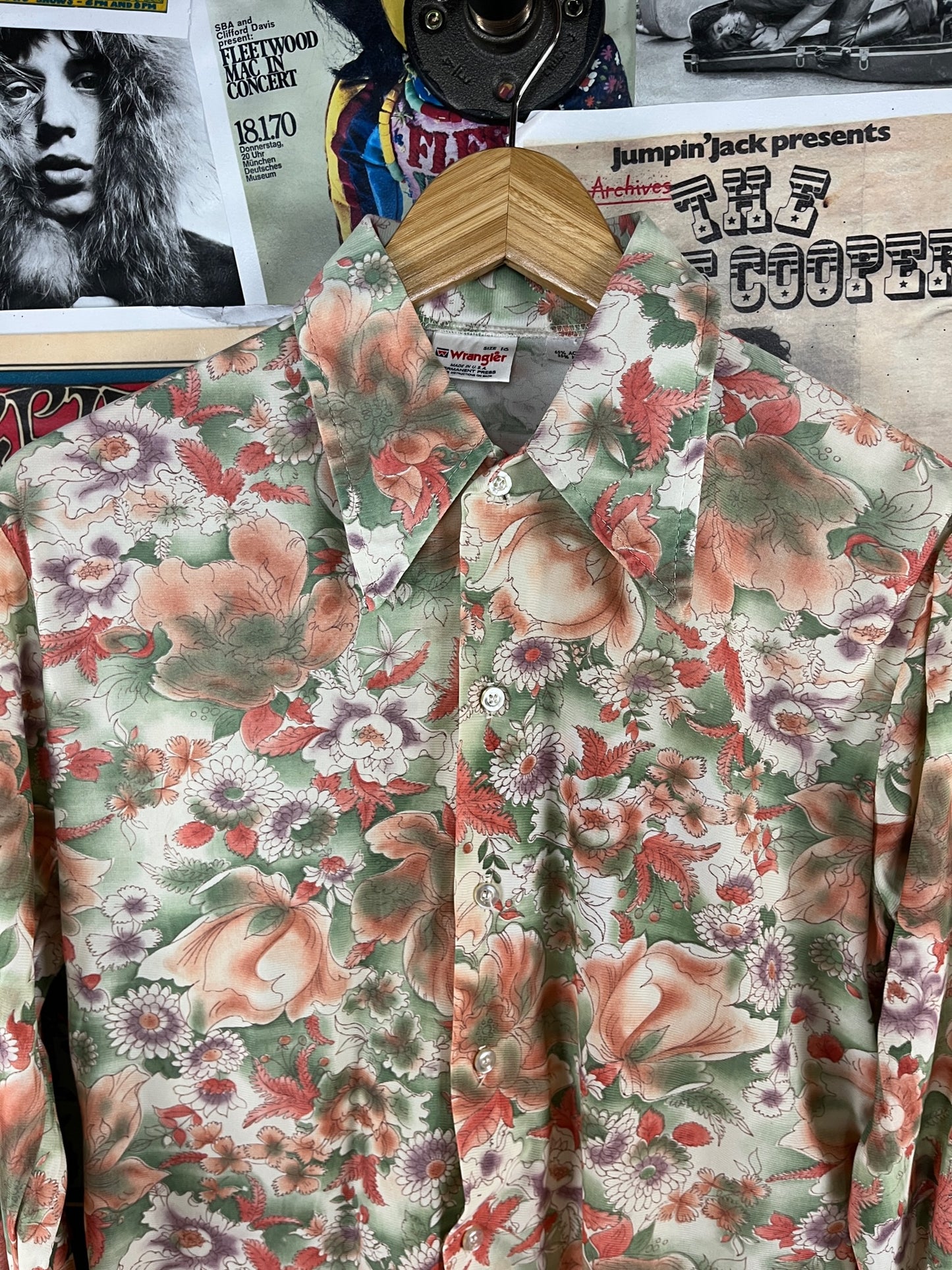 Vintage Boys Kids Retro 70s Green Floral All Over Print Wrangler Rockabilly Disco Shirt Size 16/18 Age 12-13