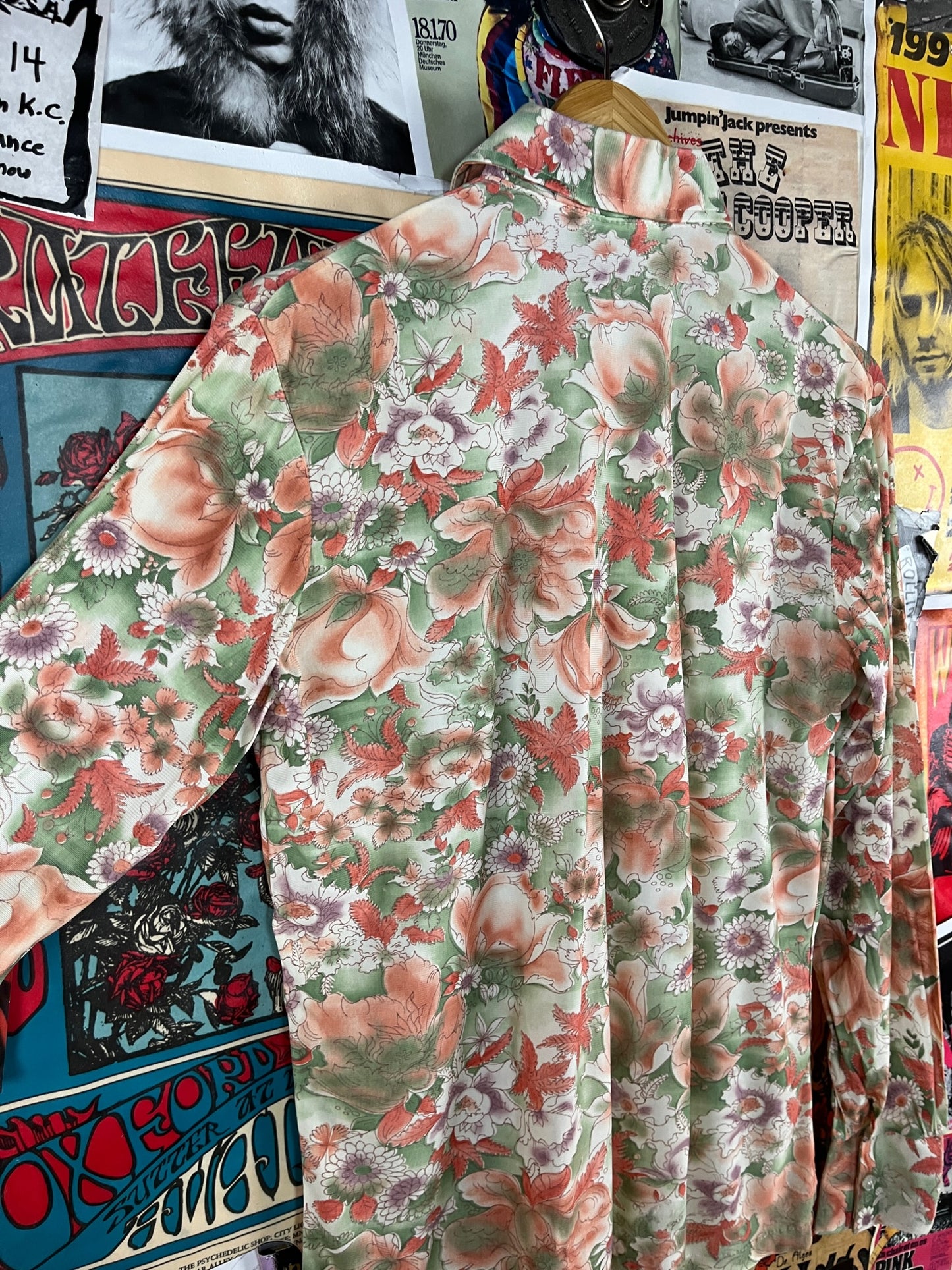 Vintage Boys Kids Retro 70s Green Floral All Over Print Wrangler Rockabilly Disco Shirt Size 16/18 Age 12-13