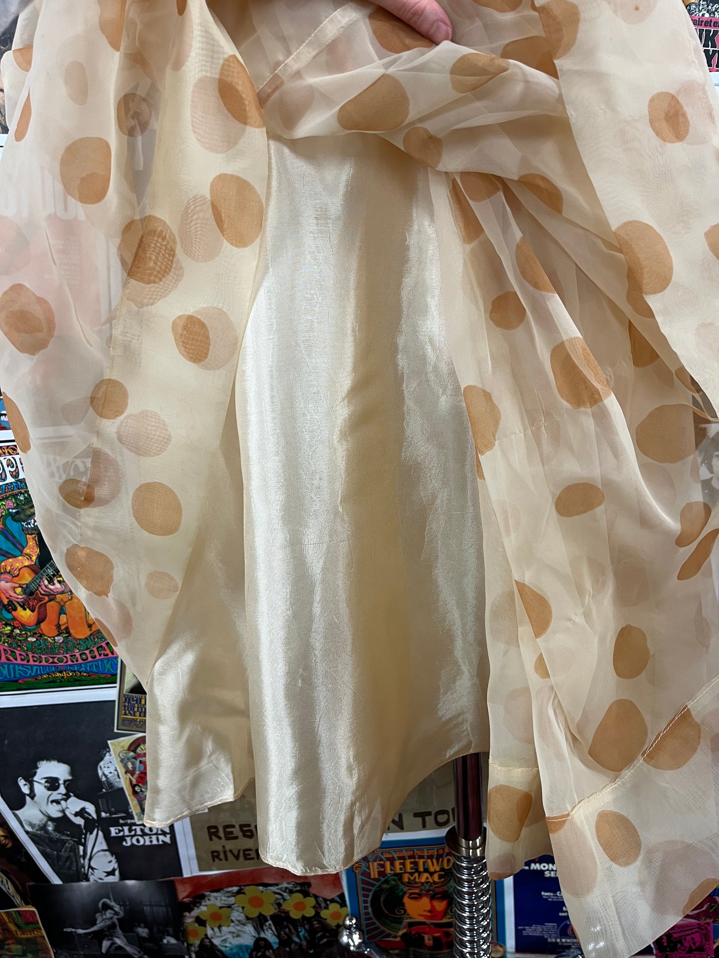Vintage Women's 1950s Nude Polka Dot Print Lace Fit and Flare Cocktail Tea Gown Dress XS