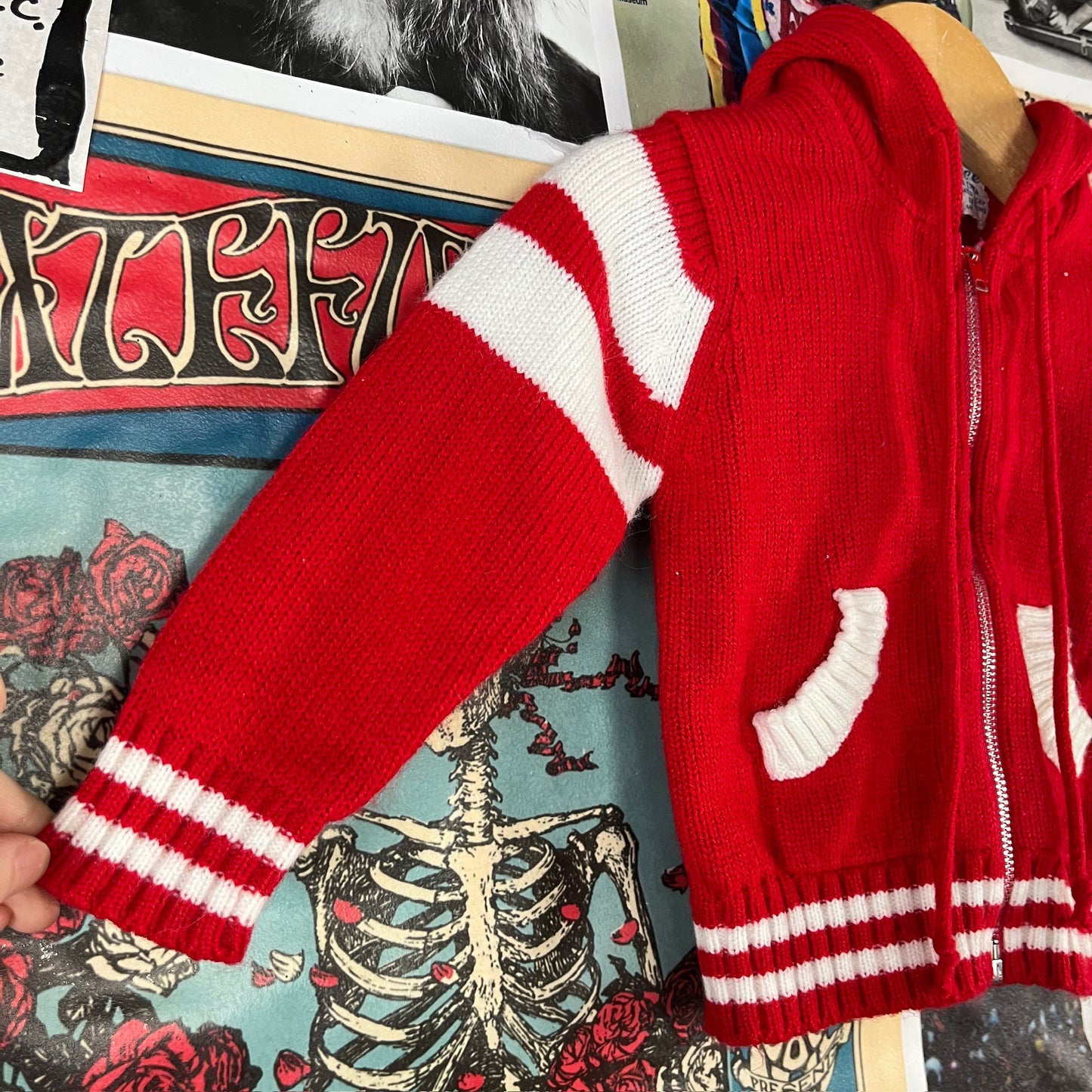 Vintage Baby Kids 70s-80s Red White Pierre Bonée Knit Hooded Cardigan Sweater 9-12 Months