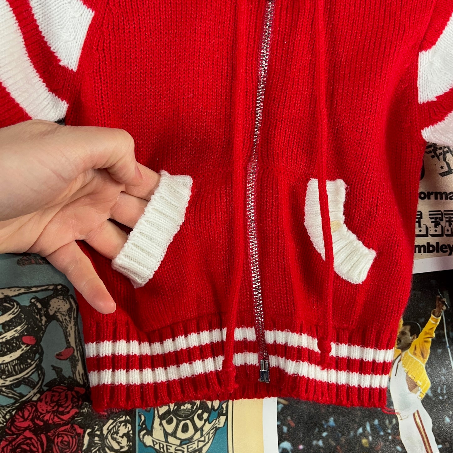 Vintage Baby Kids 70s-80s Red White Pierre Bonée Knit Hooded Cardigan Sweater 9-12 Months