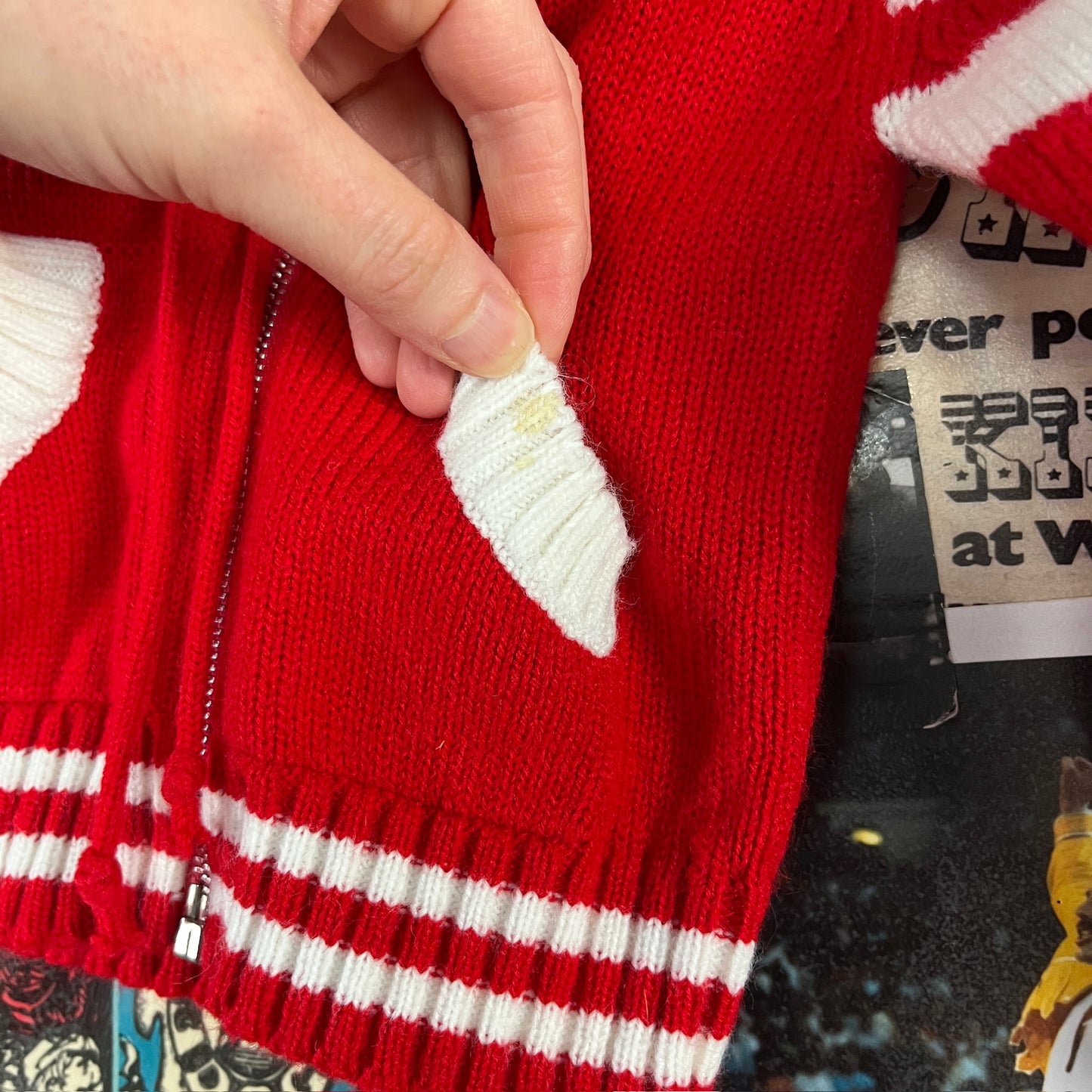 Vintage Baby Kids 70s-80s Red White Pierre Bonée Knit Hooded Cardigan Sweater 9-12 Months