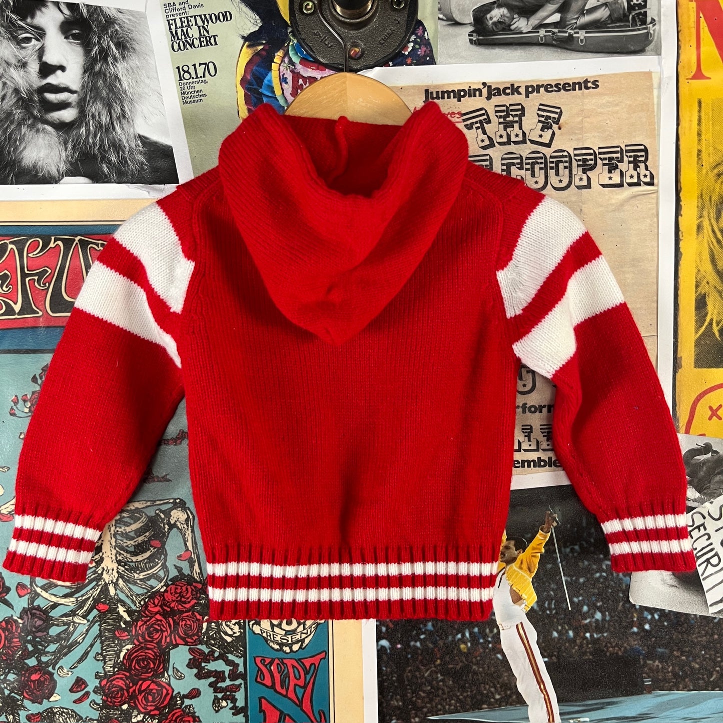 Vintage Baby Kids 70s-80s Red White Pierre Bonée Knit Hooded Cardigan Sweater 9-12 Months