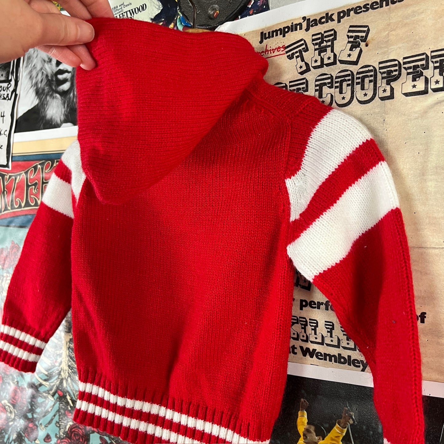 Vintage Baby Kids 70s-80s Red White Pierre Bonée Knit Hooded Cardigan Sweater 9-12 Months