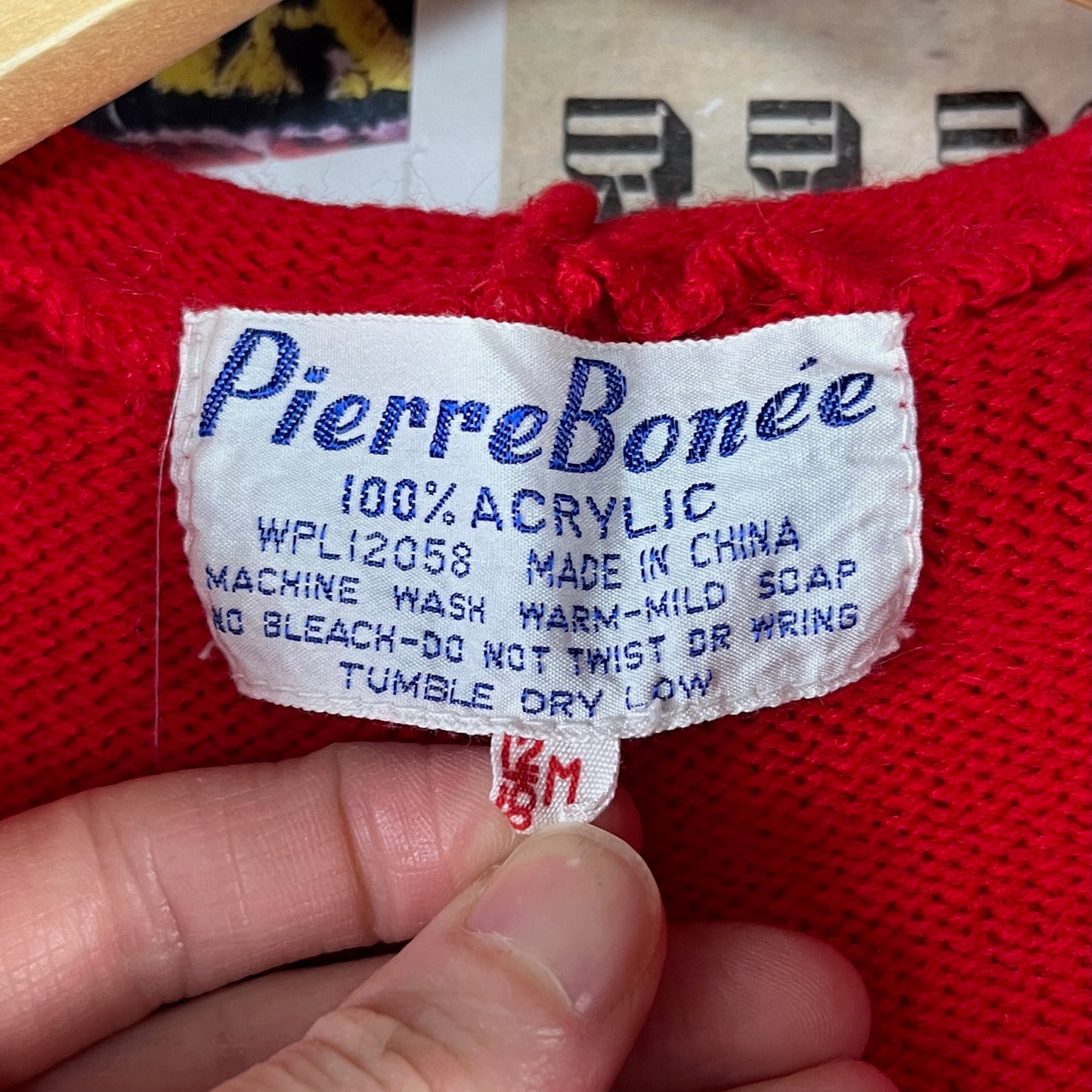 Vintage Baby Kids 70s-80s Red White Pierre Bonée Knit Hooded Cardigan Sweater 9-12 Months