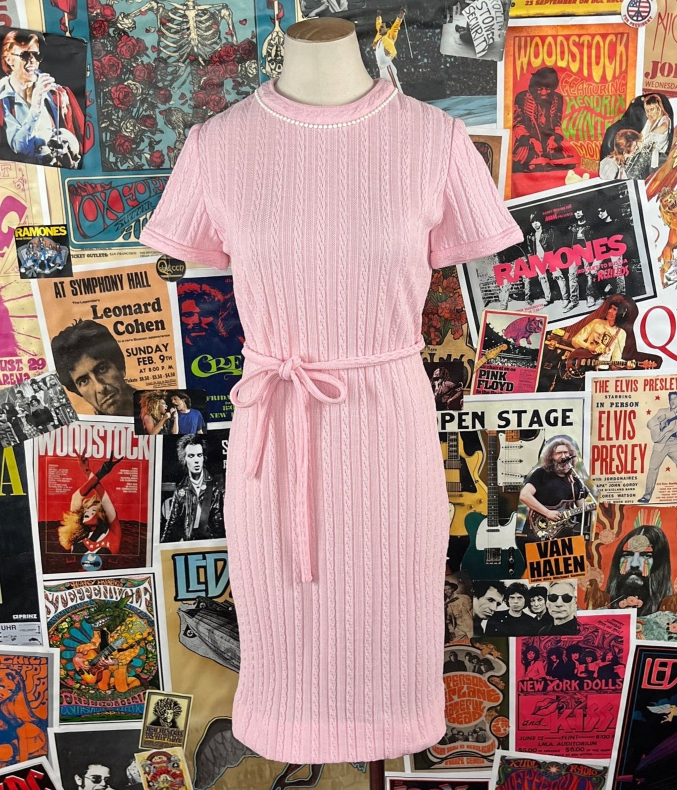 60s Women's Pink Belted Pearl Trim Leslie Fay Retro Glam Dress XS/S