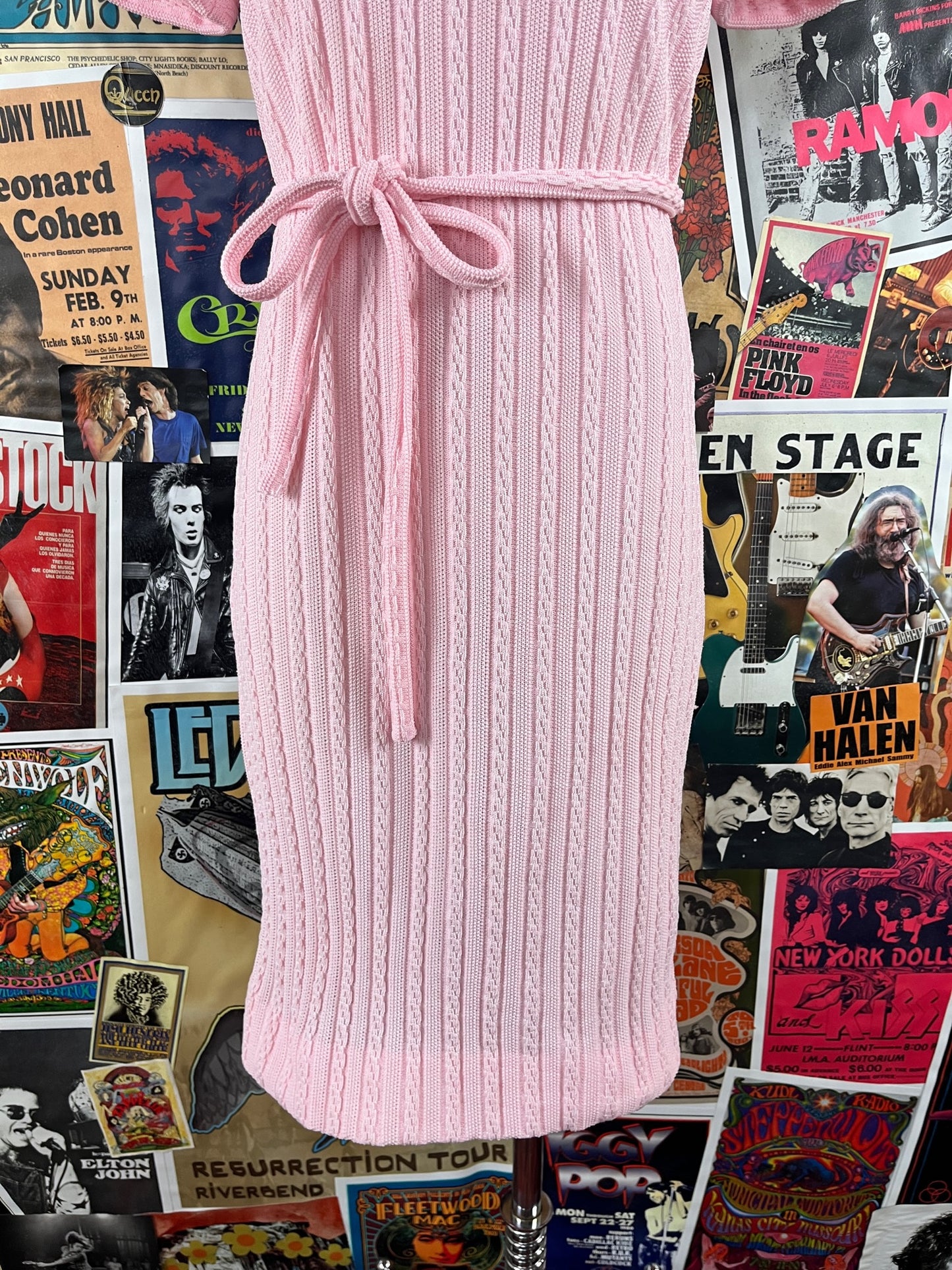 Vintage Women's 60s Pink Knit Leslie Fay Retro Glam Belted Short Sleeve Pearl Beaded Dress XS/S