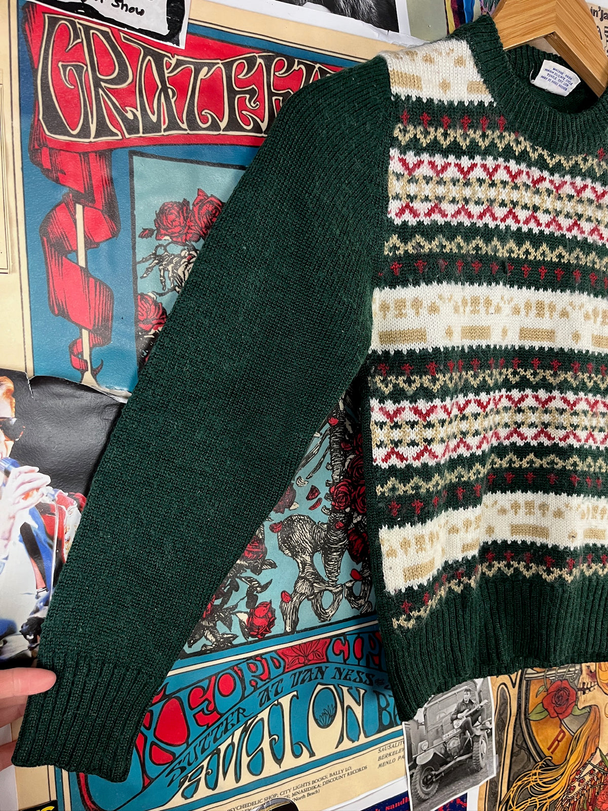 Vintage Kids 80s Green Fair Isle Print Jumper Sweater Boys Size 7/8 Ages 6-7