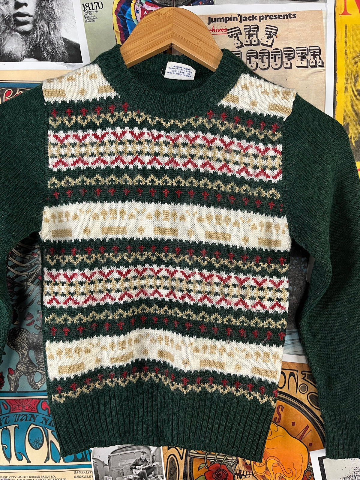Vintage Kids 80s Green Fair Isle Print Jumper Sweater Boys Size 7/8 Ages 6-7