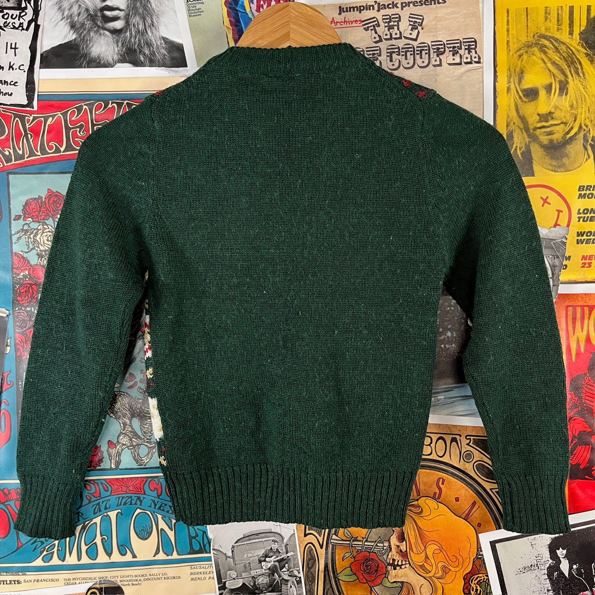 Vintage Kids 80s Green Fair Isle Print Jumper Sweater Boys Size 7/8 Ages 6-7