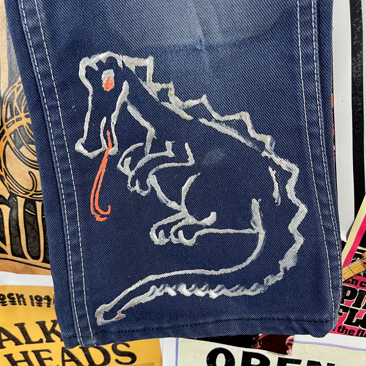Vintage Kids 70s Sears Toughskins Dragon Folk Art Hand Drawn Denim Jeans 7 Slim Short Ages 6-7