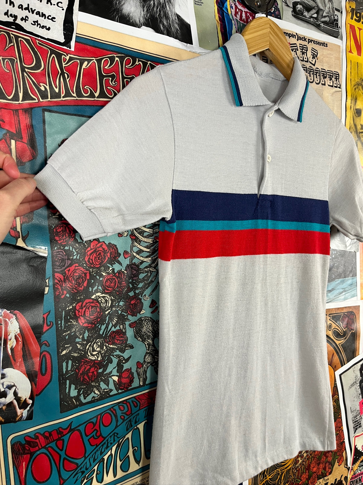 Vintage Kids 80s Light Blue Striped Polo Shirt Boys Size 12 Ages 9-10