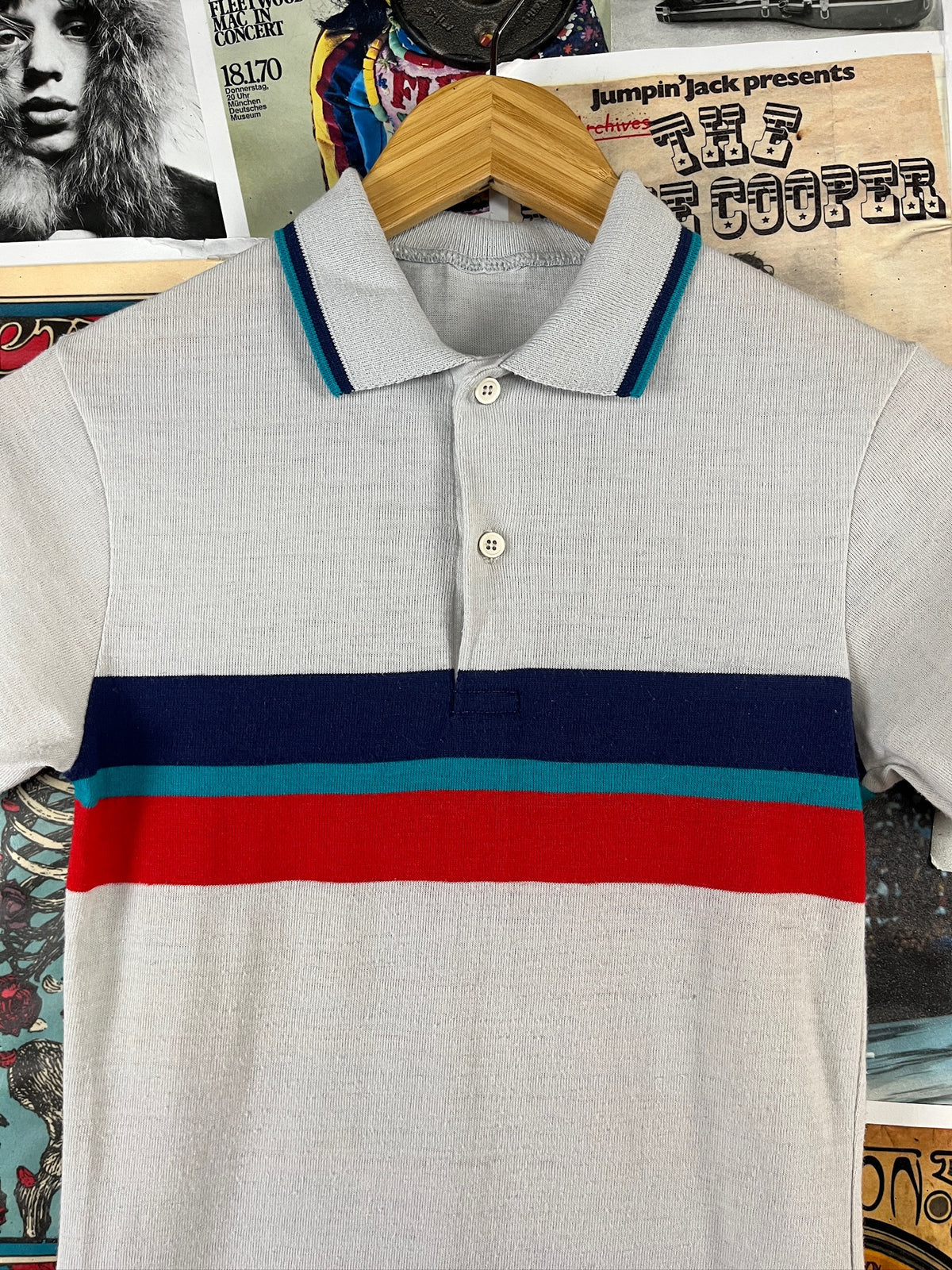 Vintage Kids 80s Light Blue Striped Polo Shirt Boys Size 12 Ages 9-10