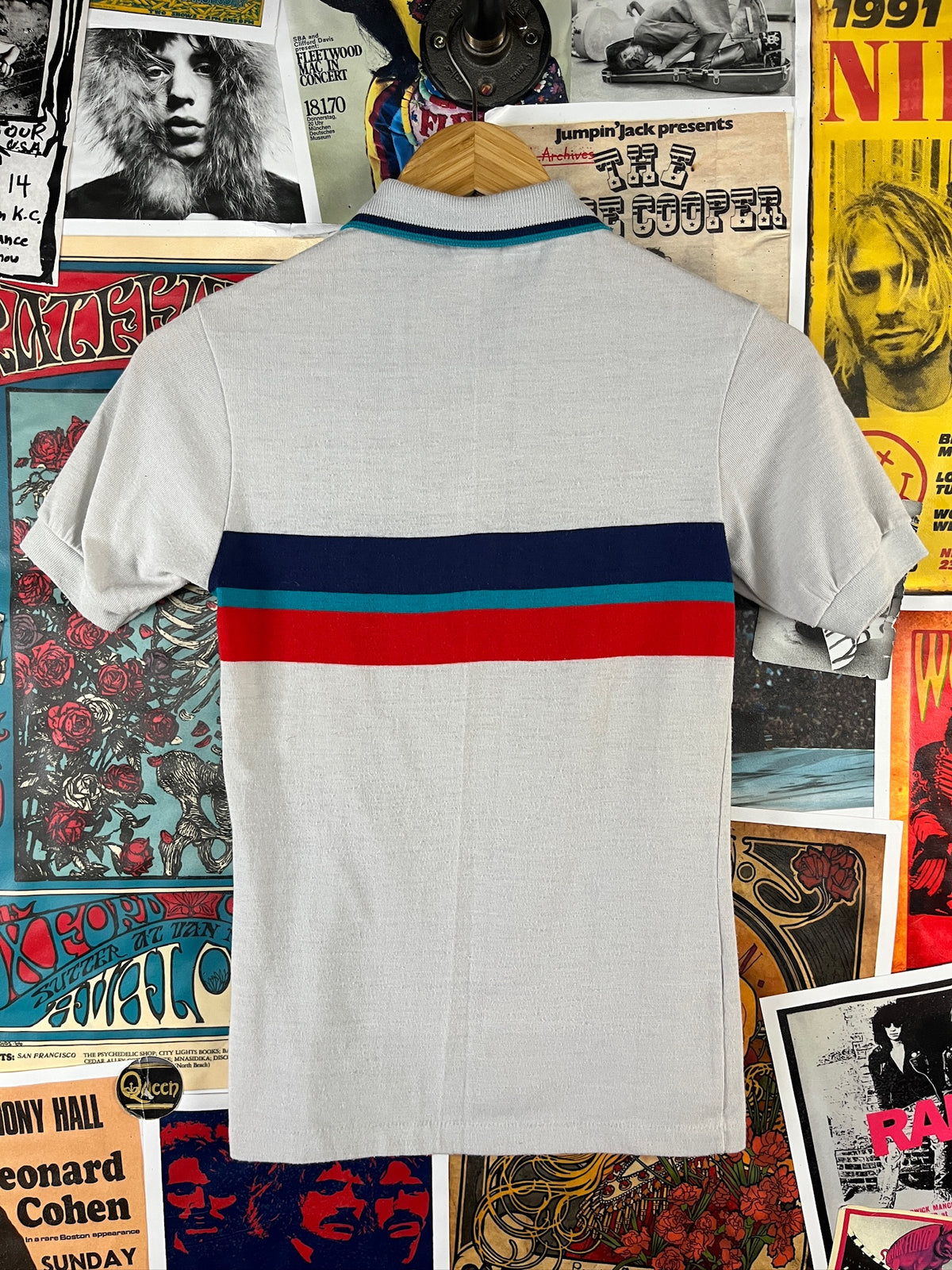 Vintage Kids 80s Light Blue Striped Polo Shirt Boys Size 12 Ages 9-10