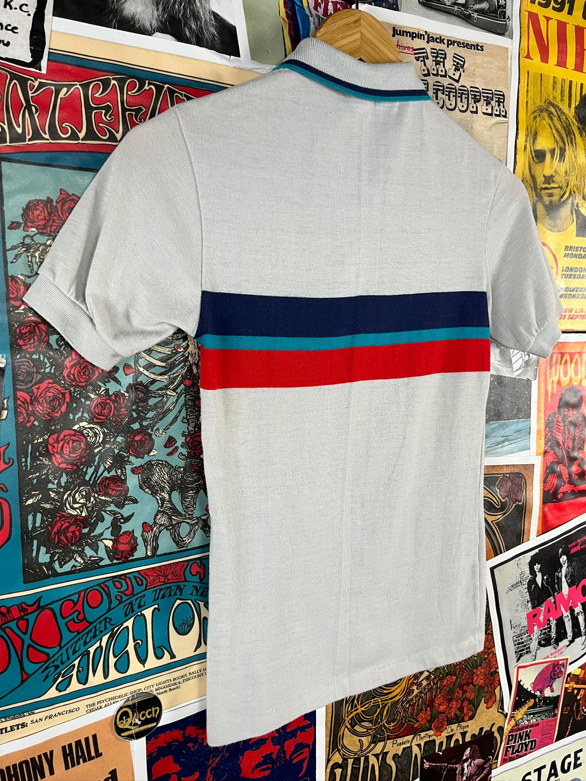 Vintage Kids 80s Light Blue Striped Polo Shirt Boys Size 12 Ages 9-10
