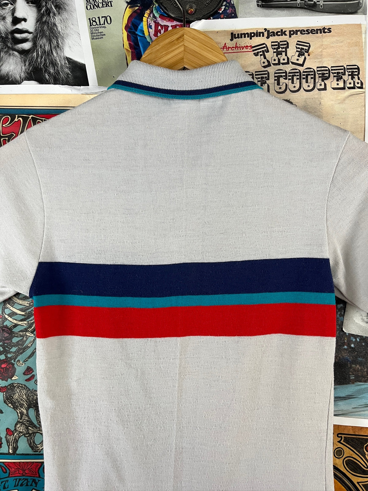 Vintage Kids 80s Light Blue Striped Polo Shirt Boys Size 12 Ages 9-10