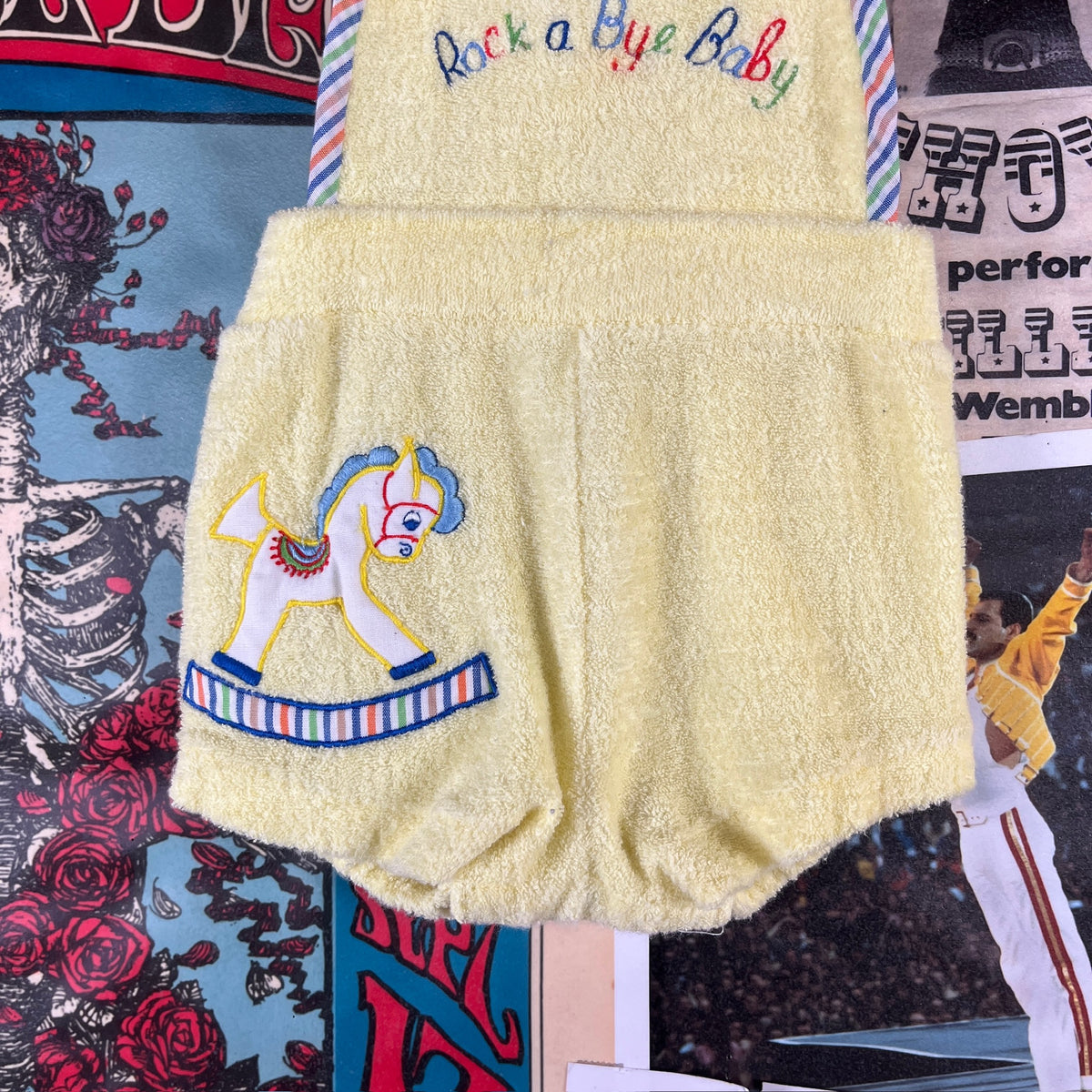 Vintage 1970s-80s Yellow Rock a Bye Baby Terry Cloth Romper Baby 0-3M