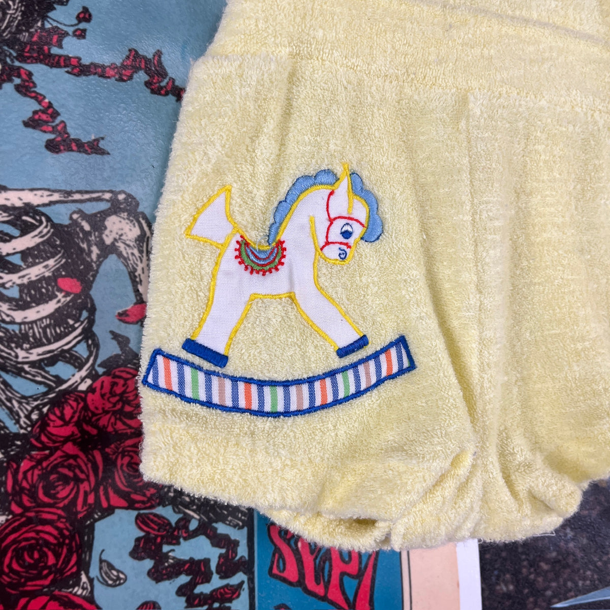 Vintage 1970s-80s Yellow Rock a Bye Baby Terry Cloth Romper Baby 0-3M
