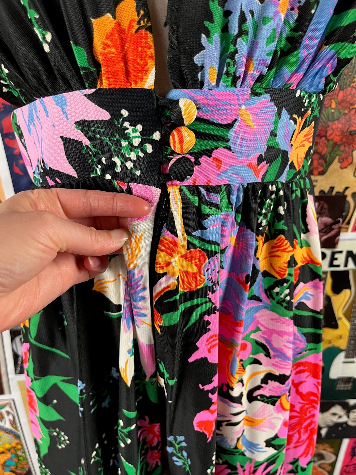 Vintage Women's 70s Black Floral Deep V Empire Waist Keyloun Hostess Disco Jumpsuit