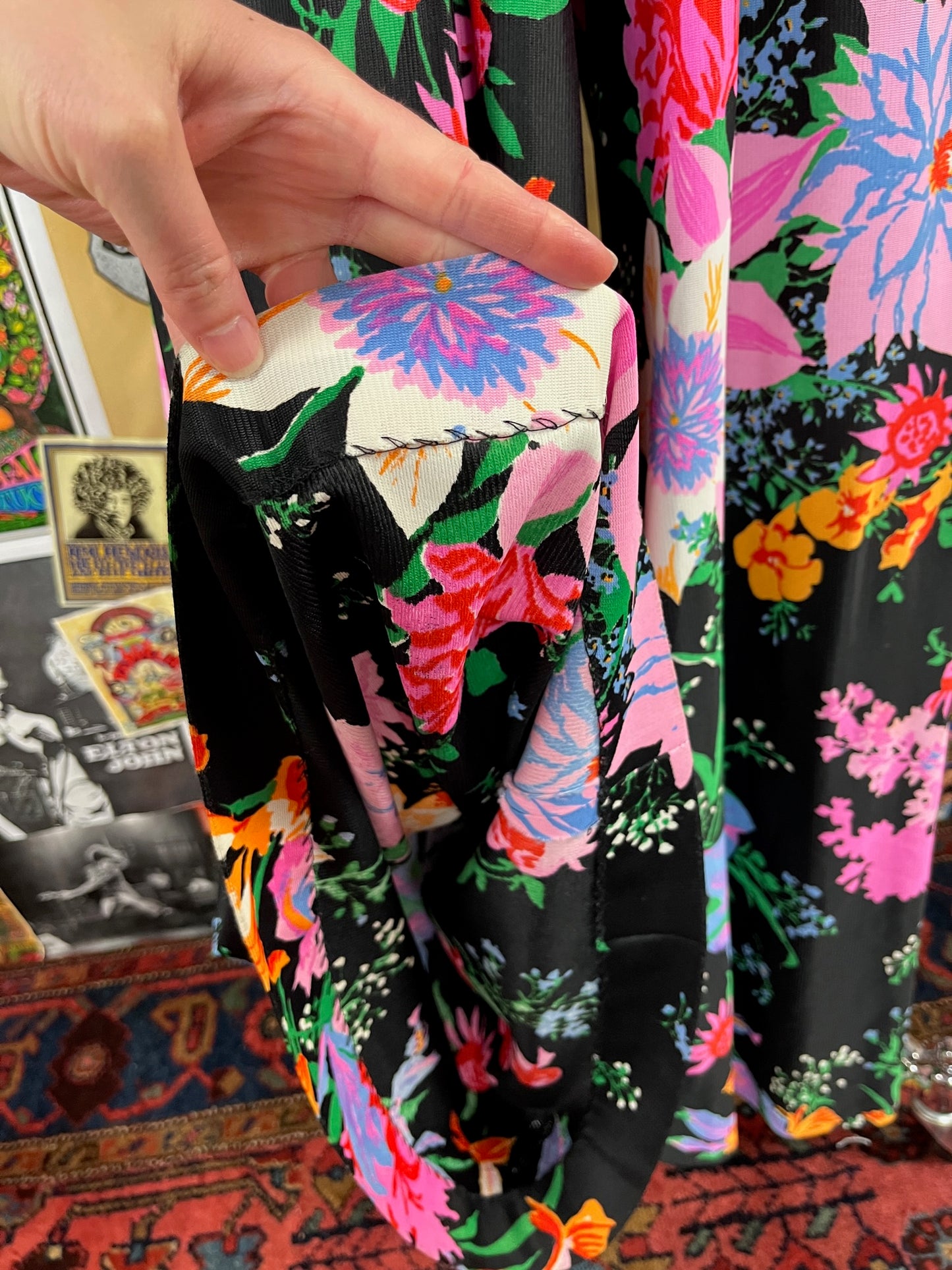 Vintage Women's 70s Black Floral Deep V Empire Waist Keyloun Hostess Disco Jumpsuit