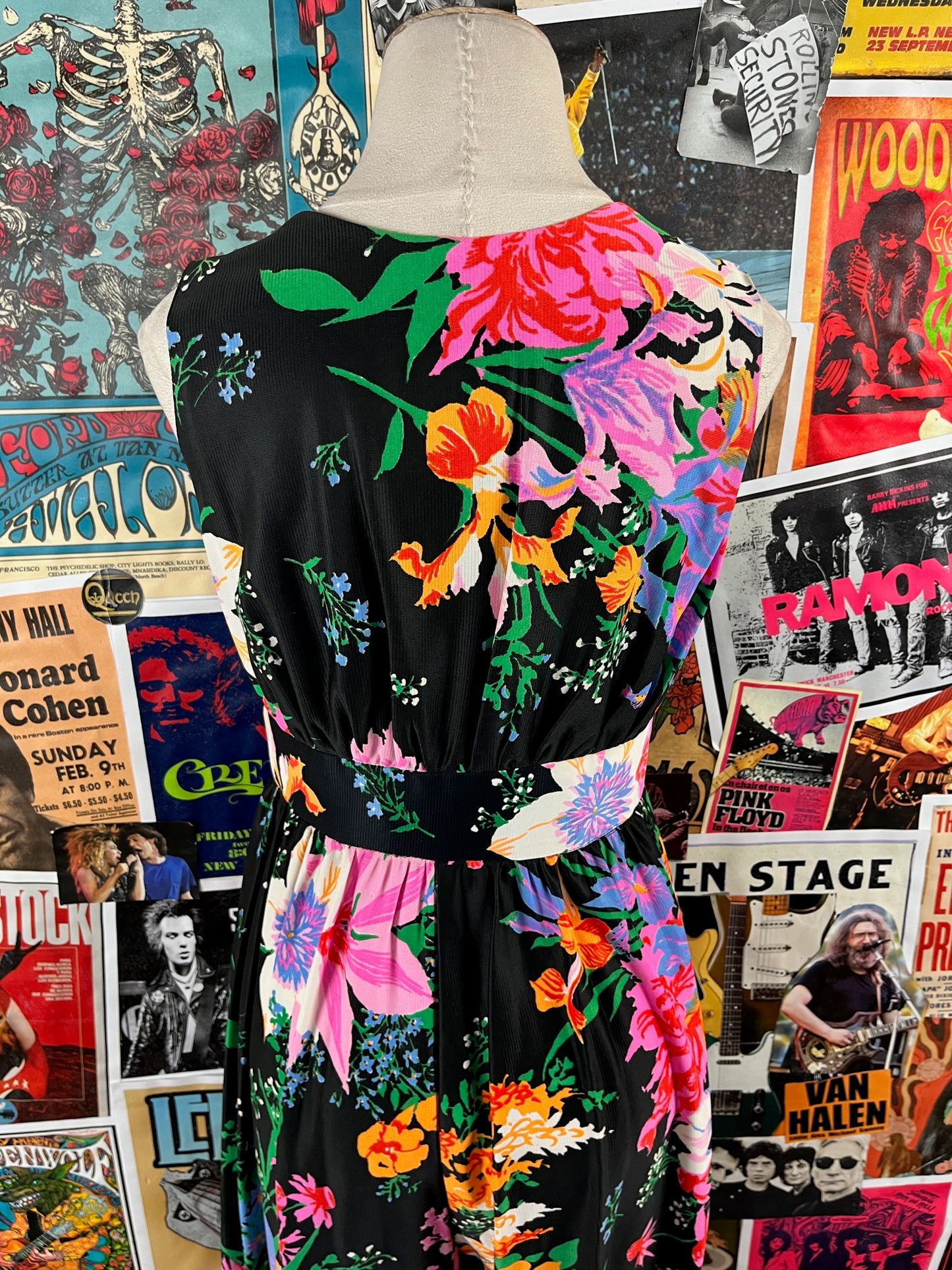 Vintage Women's 70s Black Floral Deep V Empire Waist Keyloun Hostess Disco Jumpsuit