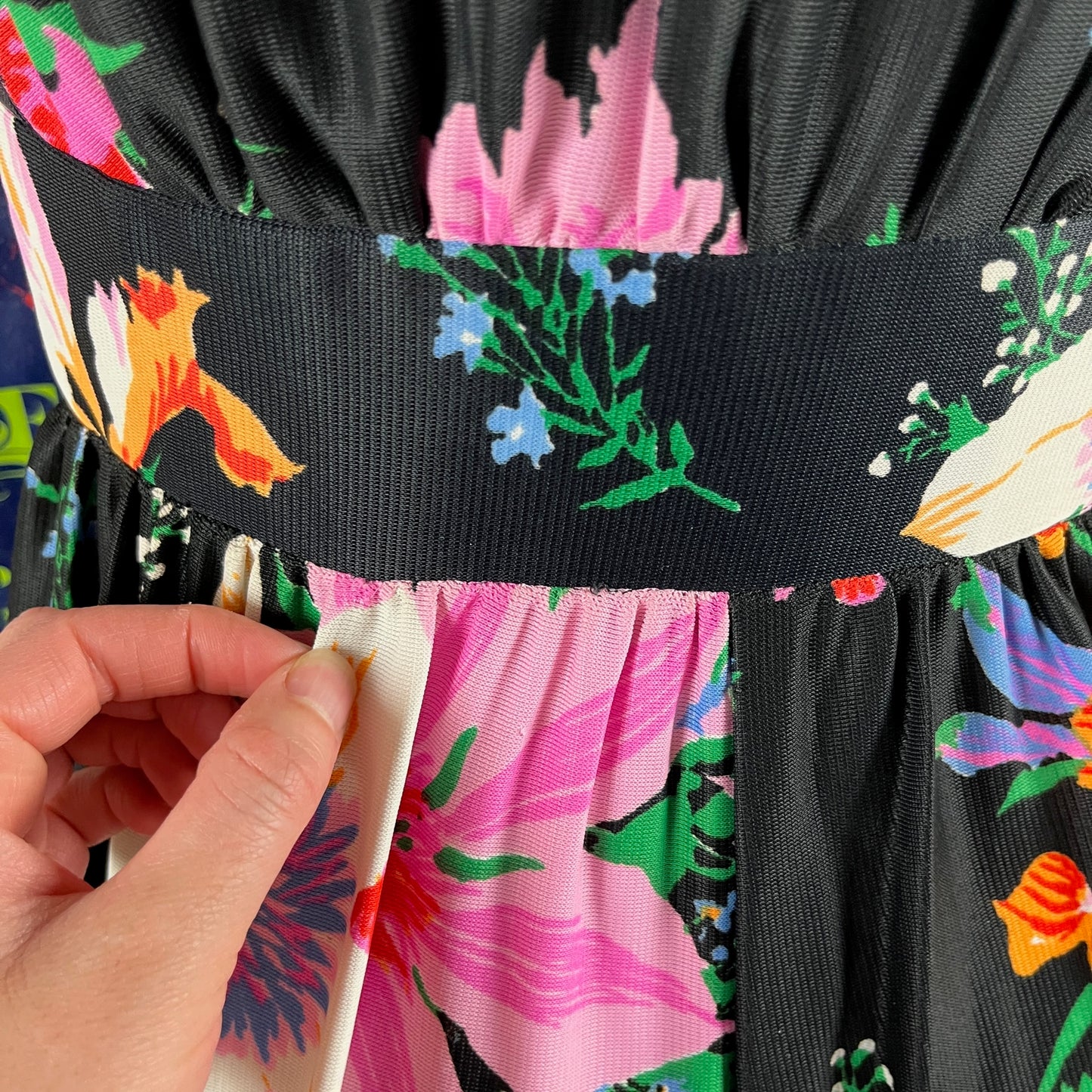 Vintage Women's 70s Black Floral Deep V Empire Waist Keyloun Hostess Disco Jumpsuit