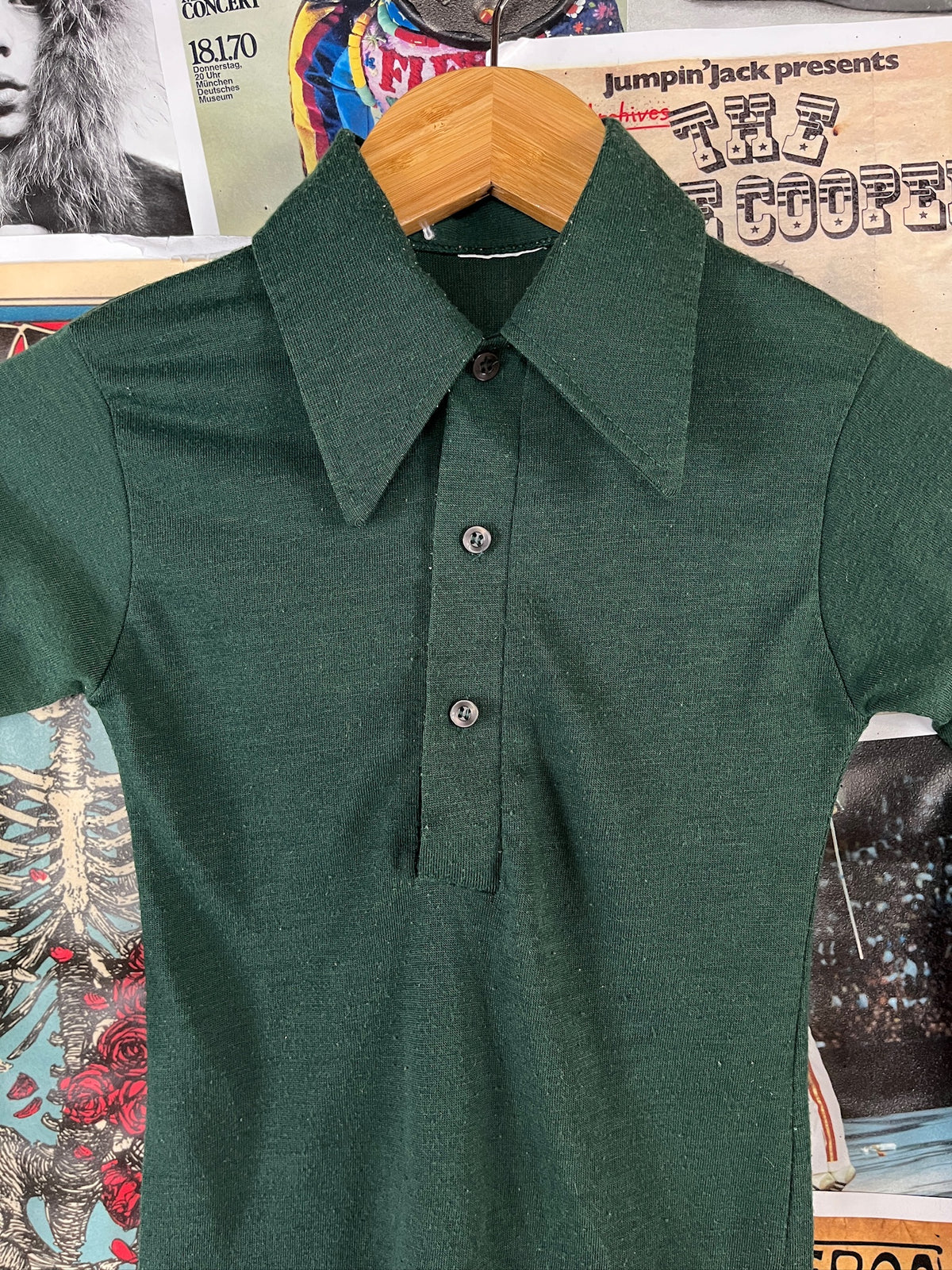 Vintage Boys Kids 70s Solid Green Polo Pullover Shirt Size 6 Slim Ages 5-6