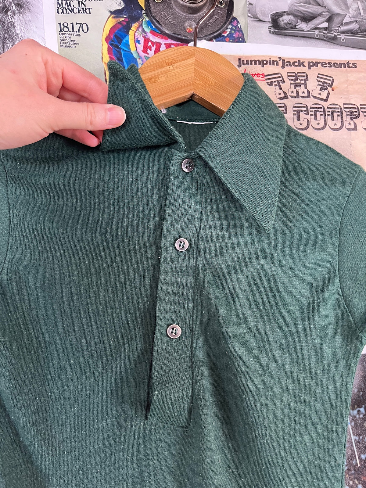 Vintage Boys Kids 70s Solid Green Polo Pullover Shirt Size 6 Slim Ages 5-6