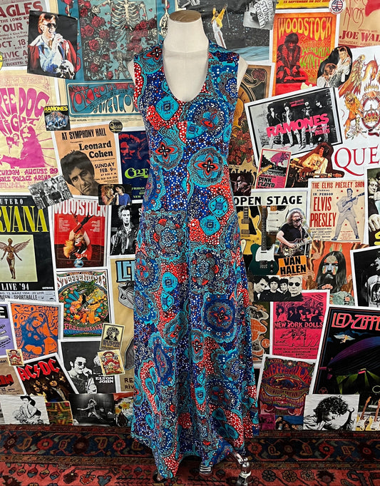 Vintage retro womens 1960s 70s blue multi-color flower power floral polka dot print scoop neck sleeveless maxi dress groovy disco size xs.