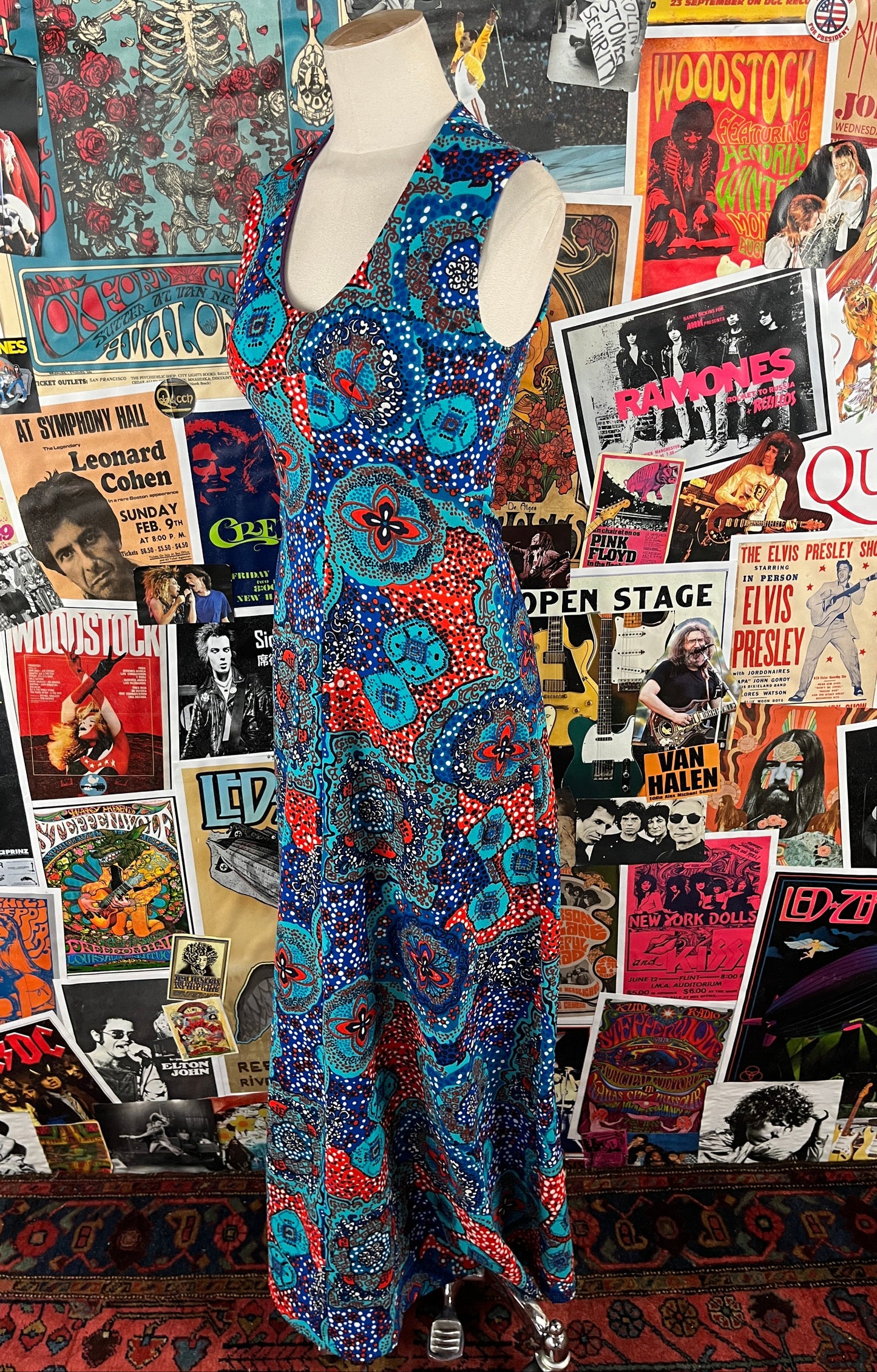 Vintage Women's 60s Blue Multi-Color Floral Polka Dot Print Sleeveless Scoop Maxi Disco Dress XS
