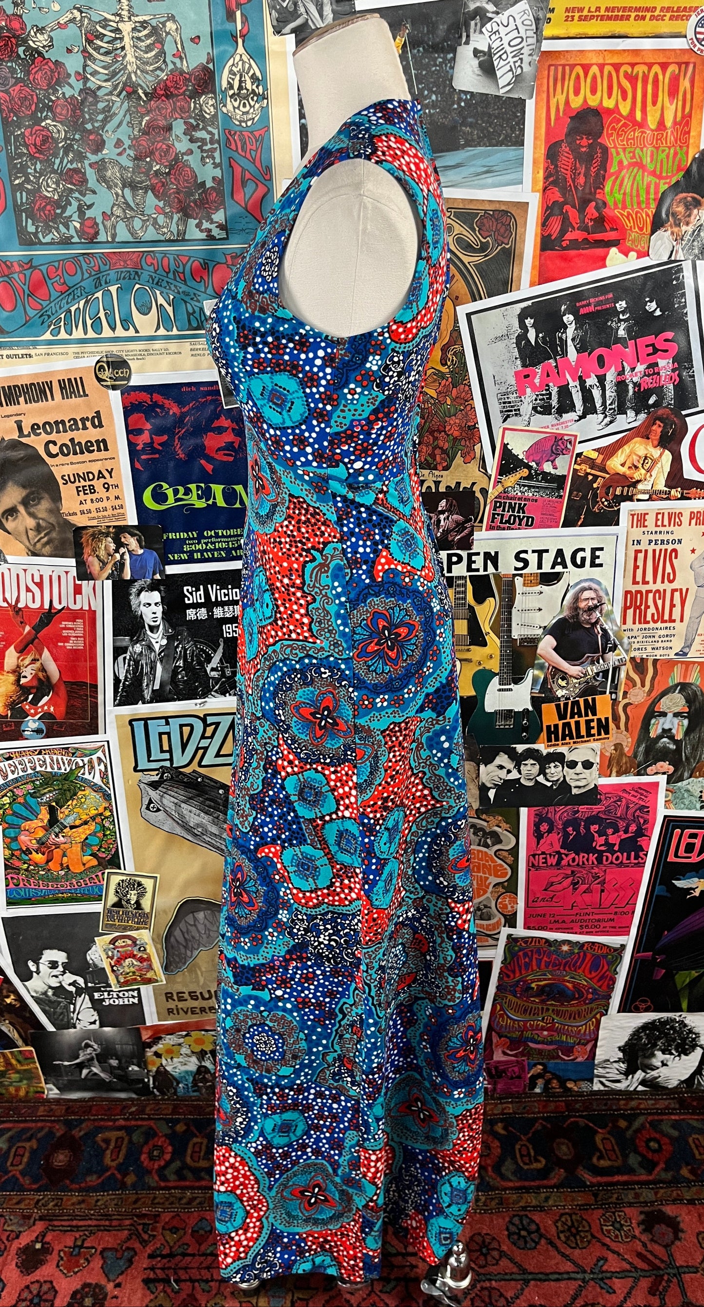 Vintage Women's 60s Blue Multi-Color Floral Polka Dot Print Sleeveless Scoop Maxi Disco Dress XS