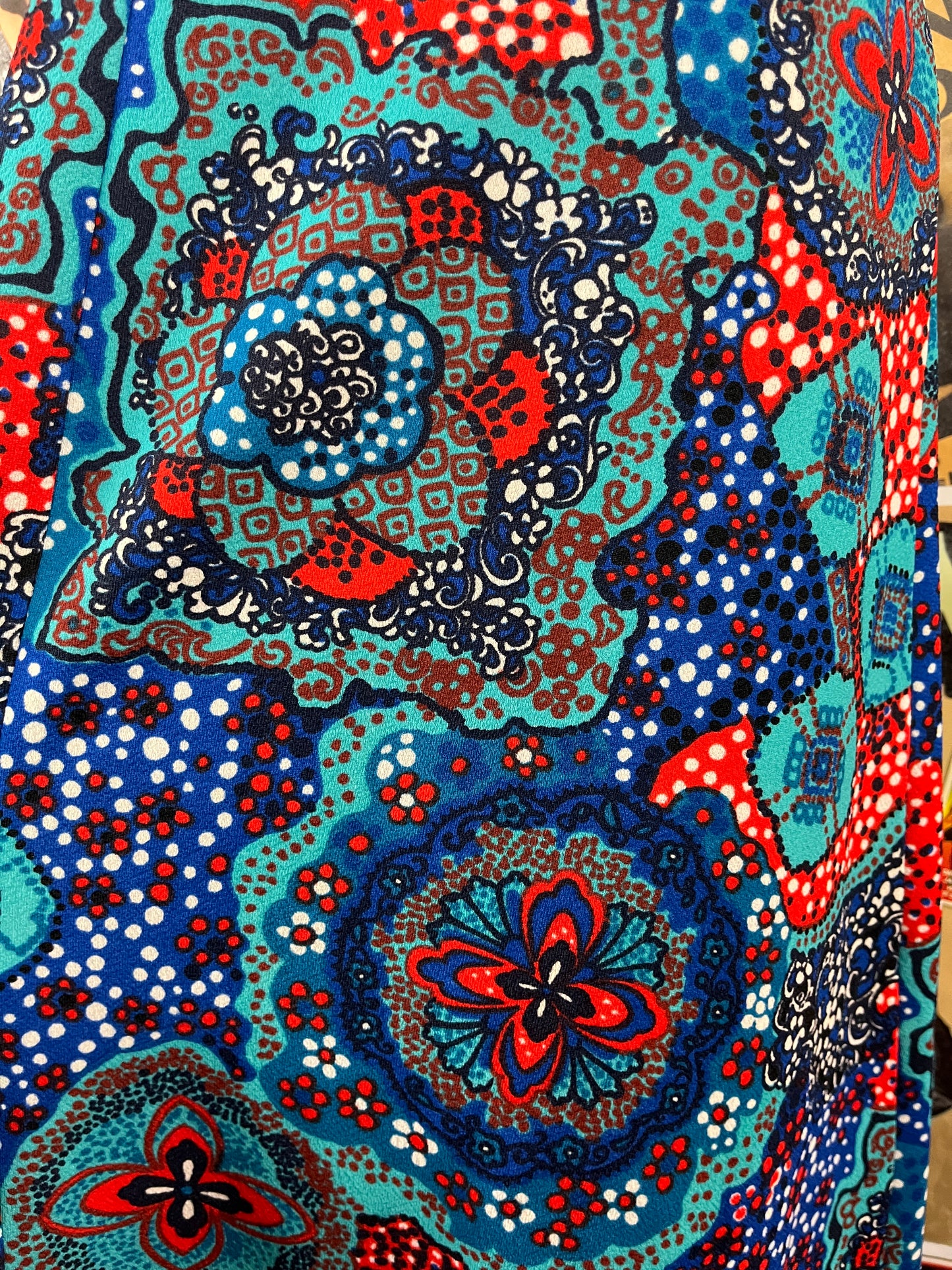 Vintage Women's 60s Blue Multi-Color Floral Polka Dot Print Sleeveless Scoop Maxi Disco Dress XS