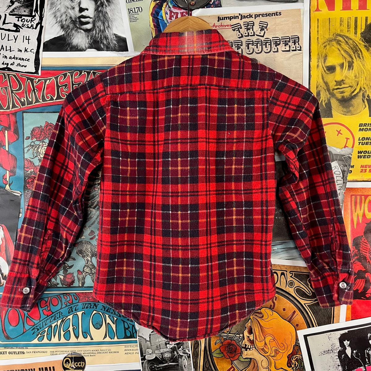 Vintage Kids 80s Red Plaid Flannel Shirt Size 7 Ages 6-7
