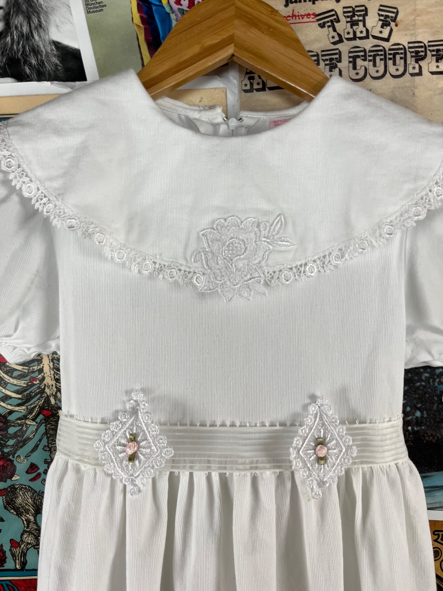 Vintage Girls Kids 90s White Lace Tulle Lined Pink Rosette Belted Sunday Best Dress Size 10 Age 8-9